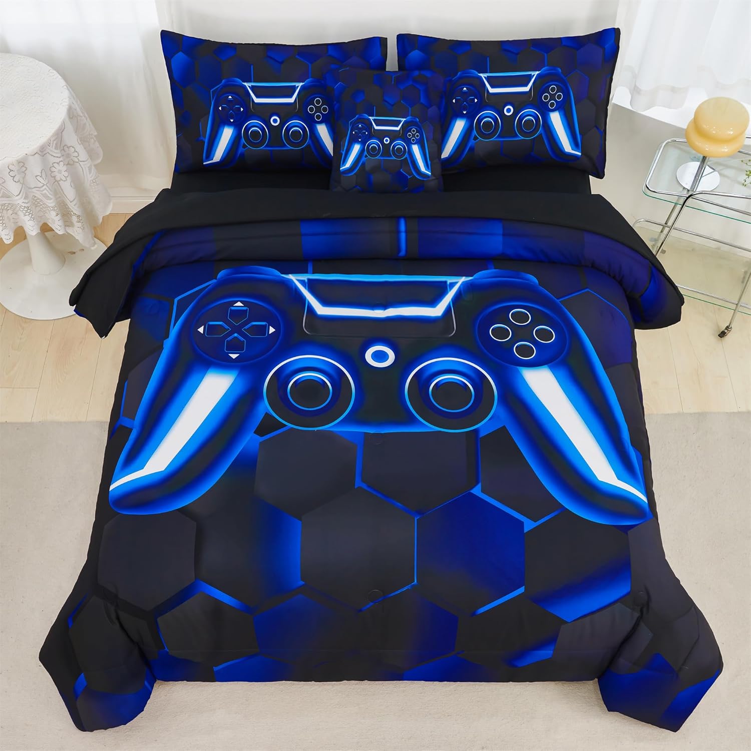 RYNGHIPY Blue Gaming Comforter Set for Kids Boys 6 Pieces Gamer Bed in a Bag Queen Size 3D Game Console Bedding Set (Blue,Queen)
