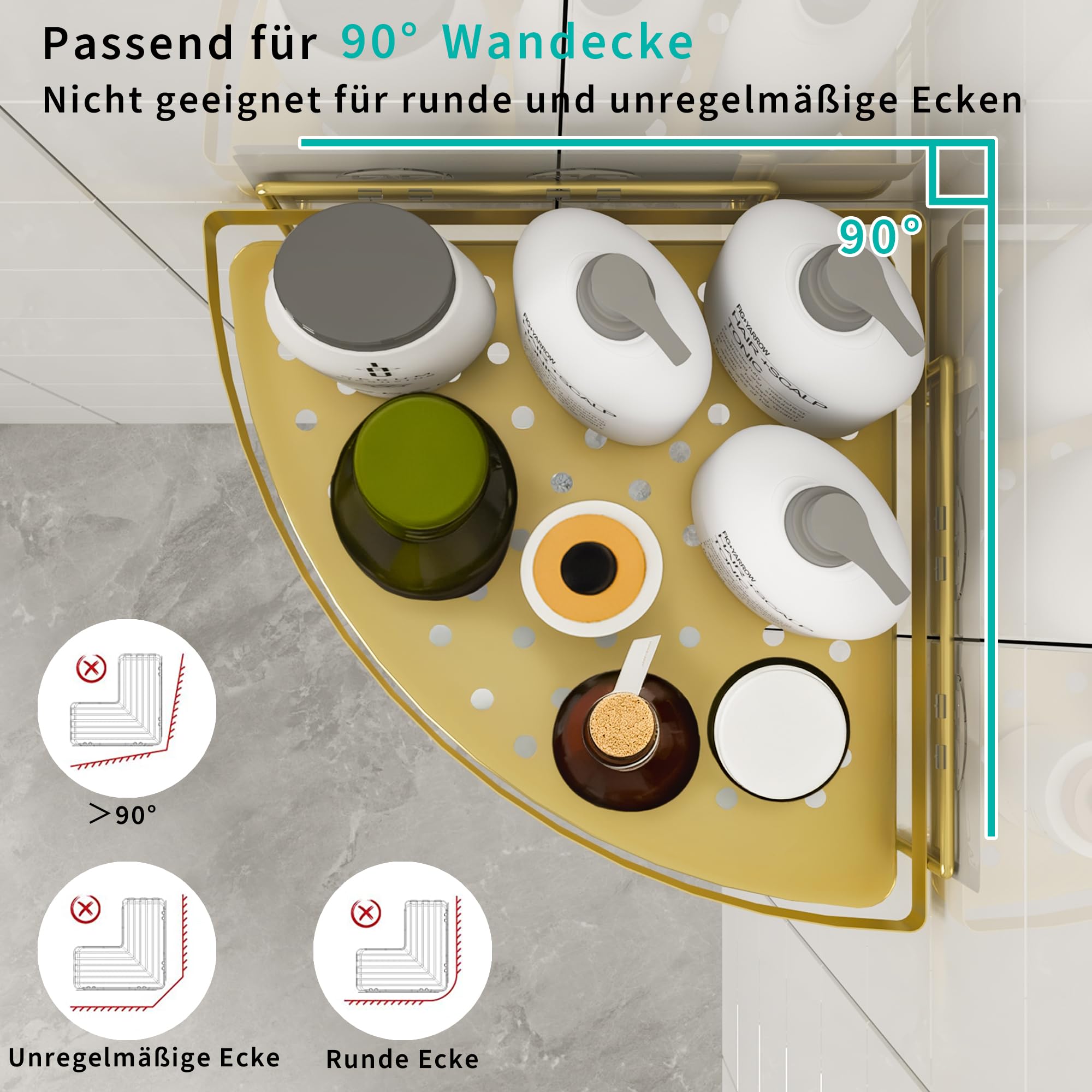 Eck Duschregal Gold, 2 Stücke Edelstahl Duschcaddy mit 4 Haken, Klebe Duschablage Ohne Bohren, Dreieckiges Badregal Zur Aufbewahrung Für Dusche Und Toilette