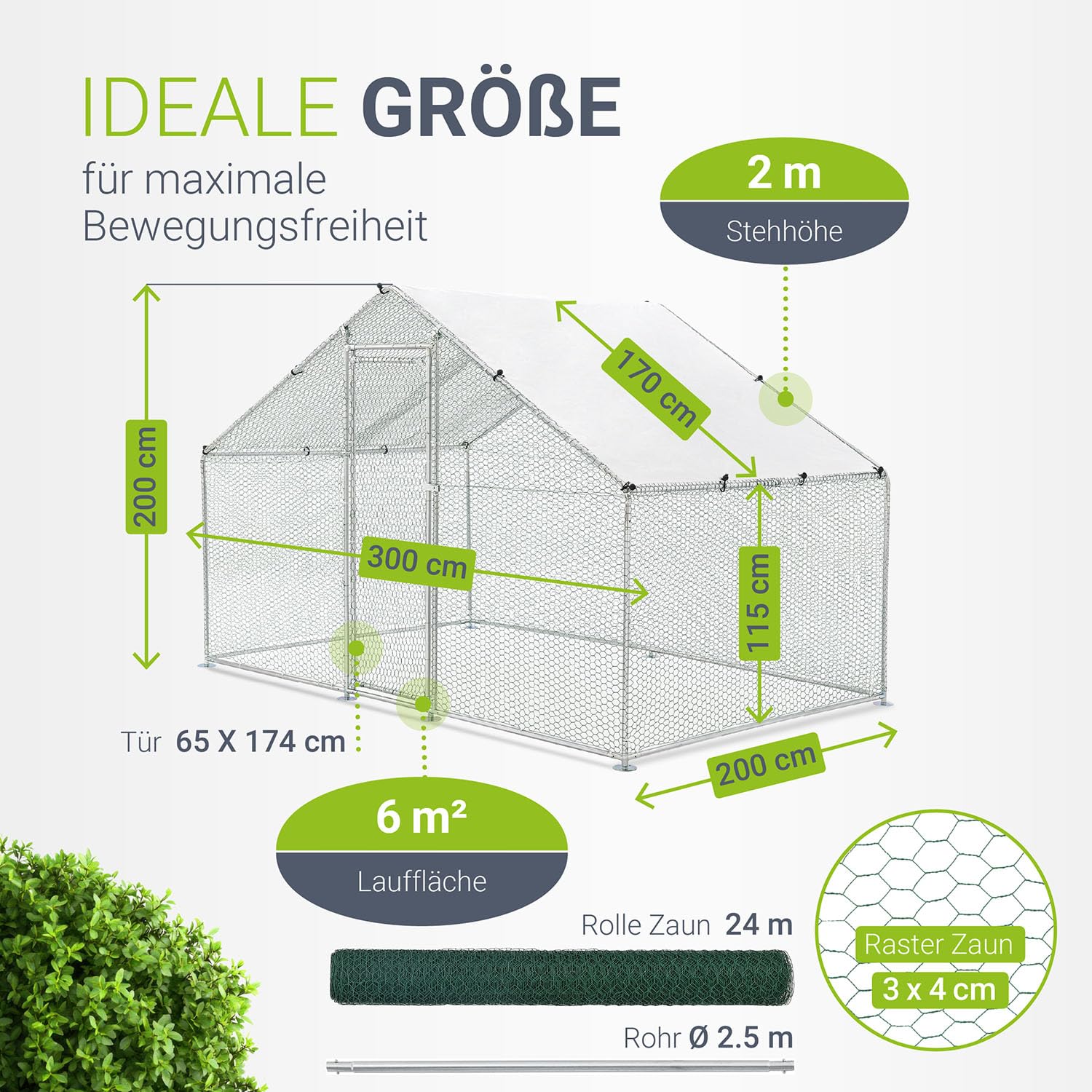 Juskys Freilaufgehege 3x2x2m - Hühnerstall aus Metall begehbar mit 6 m² Lauffläche, Tür & Riegel - Freigehege für Hühner, Kleintiere & Pflanzen