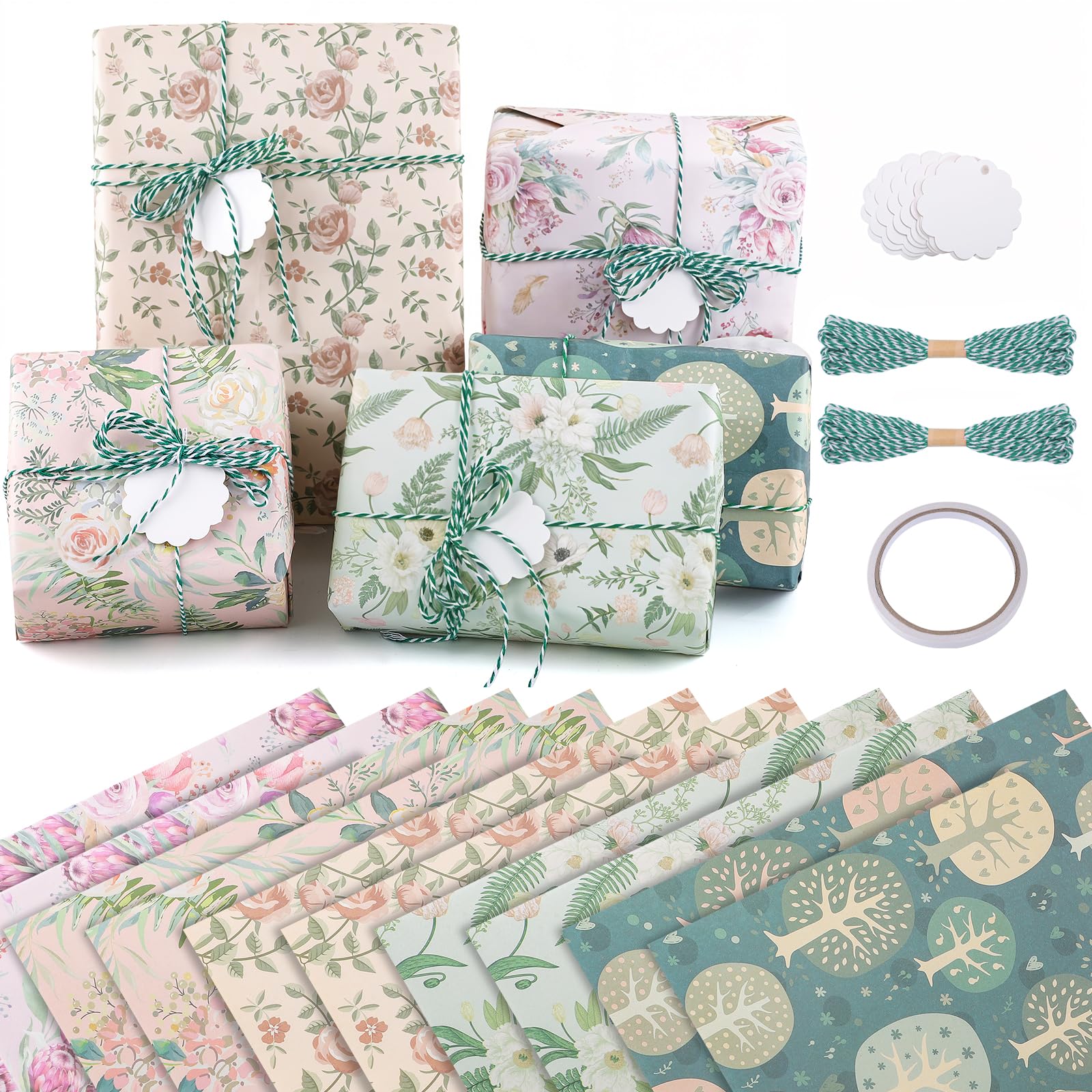Geschenkpapier Frühling,10 Bögen Geschenkpapier Ostern Geschenkpapier Vintage Blumen Geschenk Papier mit Hanfseil & Kraftpapieranhänger für Frauen Männer Mädchen Junge