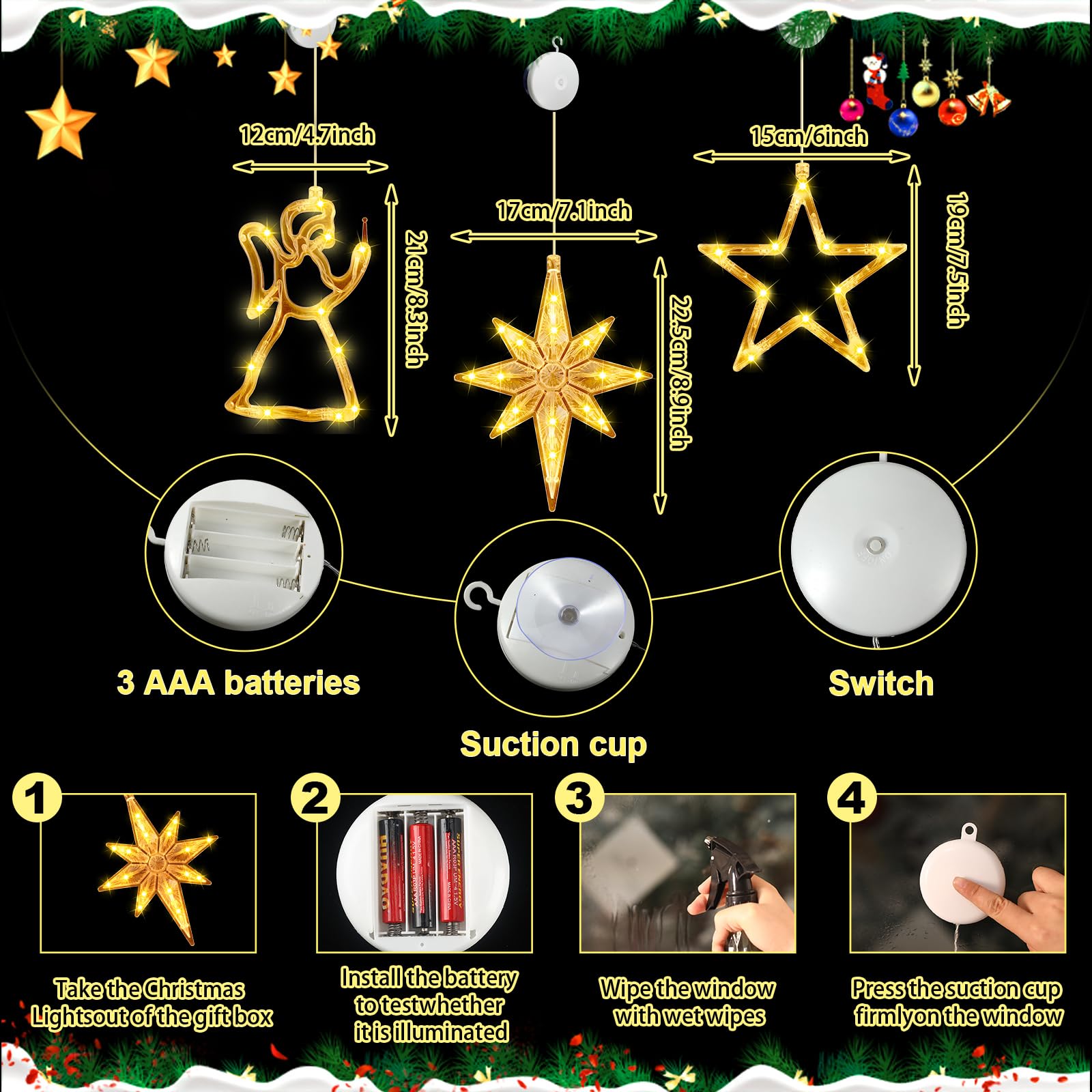 Baquler Bethléem Lot de 6 lumières LED pour fenêtre de Noël à piles avec ventouse pour décoration d'intérieur Blanc chaud