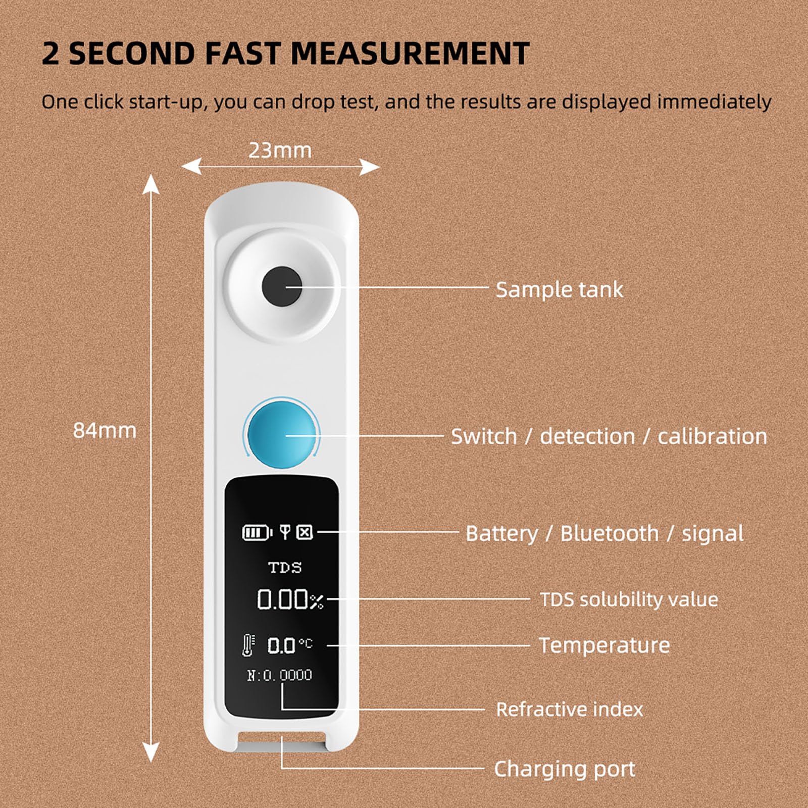Refractómetro digital Brix con Bluetooth, precisión ±0.1%, rango de 0-26% para frutas, alimentos y bebidas
