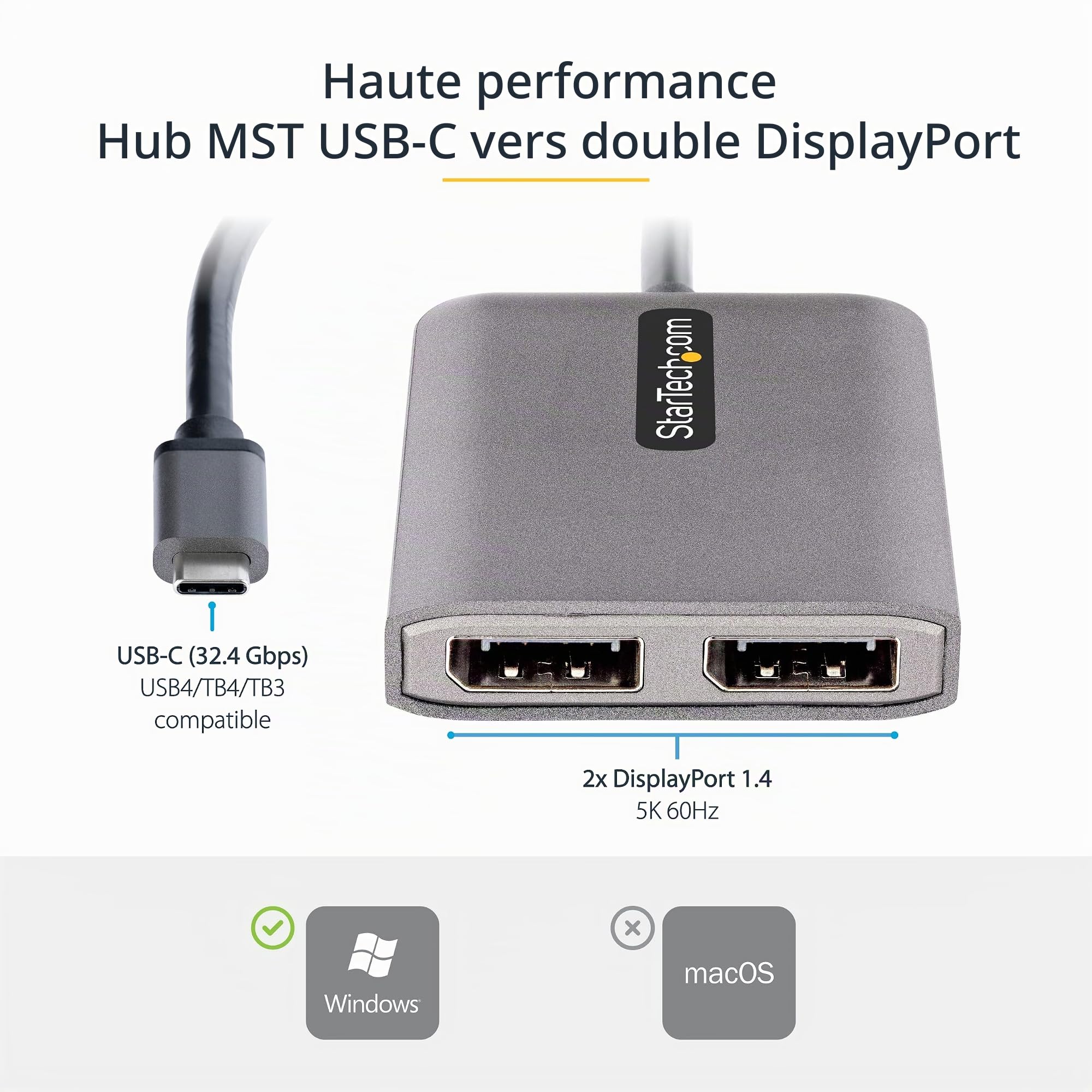 StarTech Hub MST USB-C, Double 5K 60Hz DP, HDR, Windows Uniquement | DP 1.4 Alt Mode et DSC, Prolongateur/Répartiteur d'écran, Câble intégré extra-long de 30cm