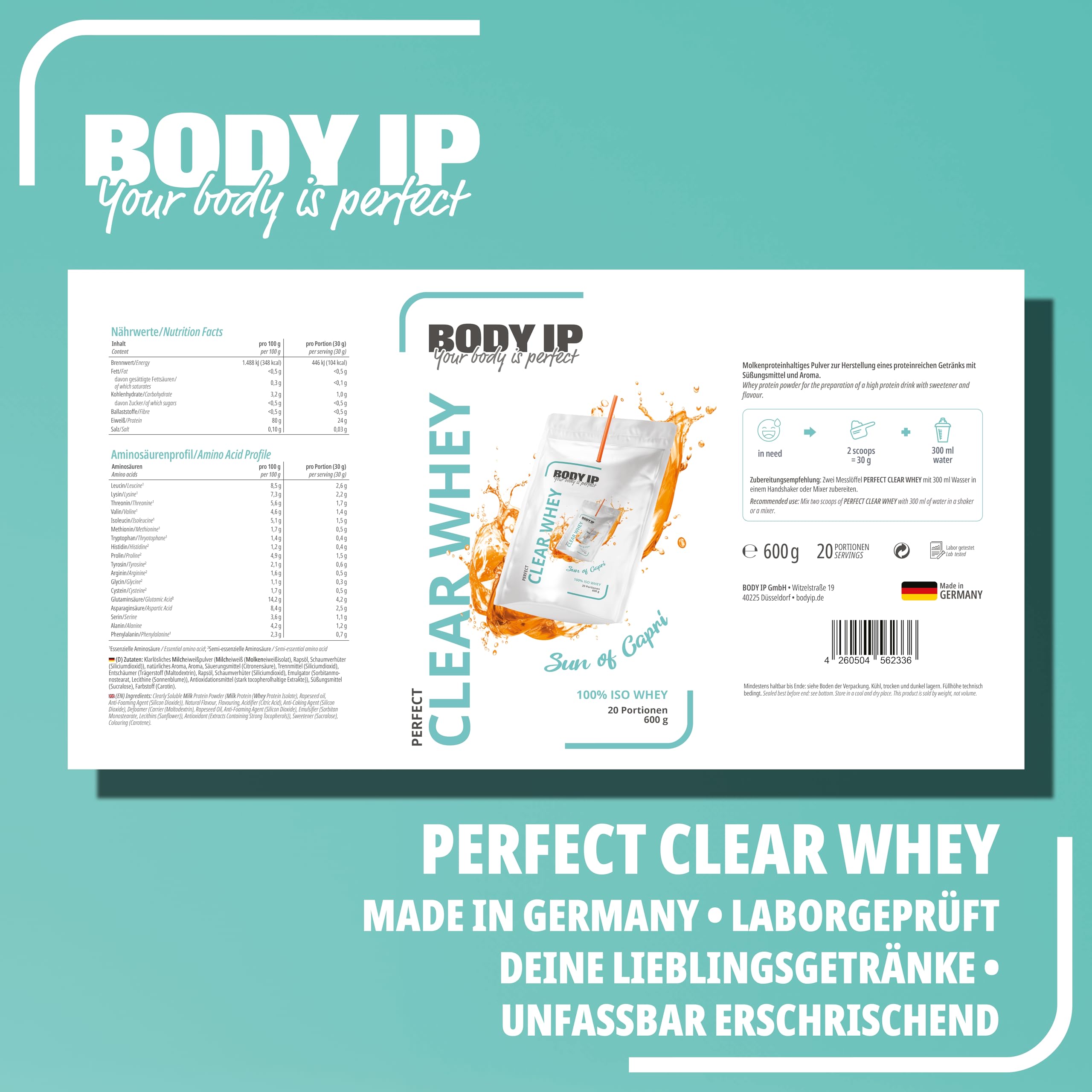 BODY IP Perfect Clear Whey Protein Pulver | Sun of Capri | Eiweißpulver für Protein Shake & Muskelaufbau | Schnelle Aufnahme & gute Löslichkeit | Hoher BCAA Anteil & Eiweißgehalt | 21 Portionen | 600g