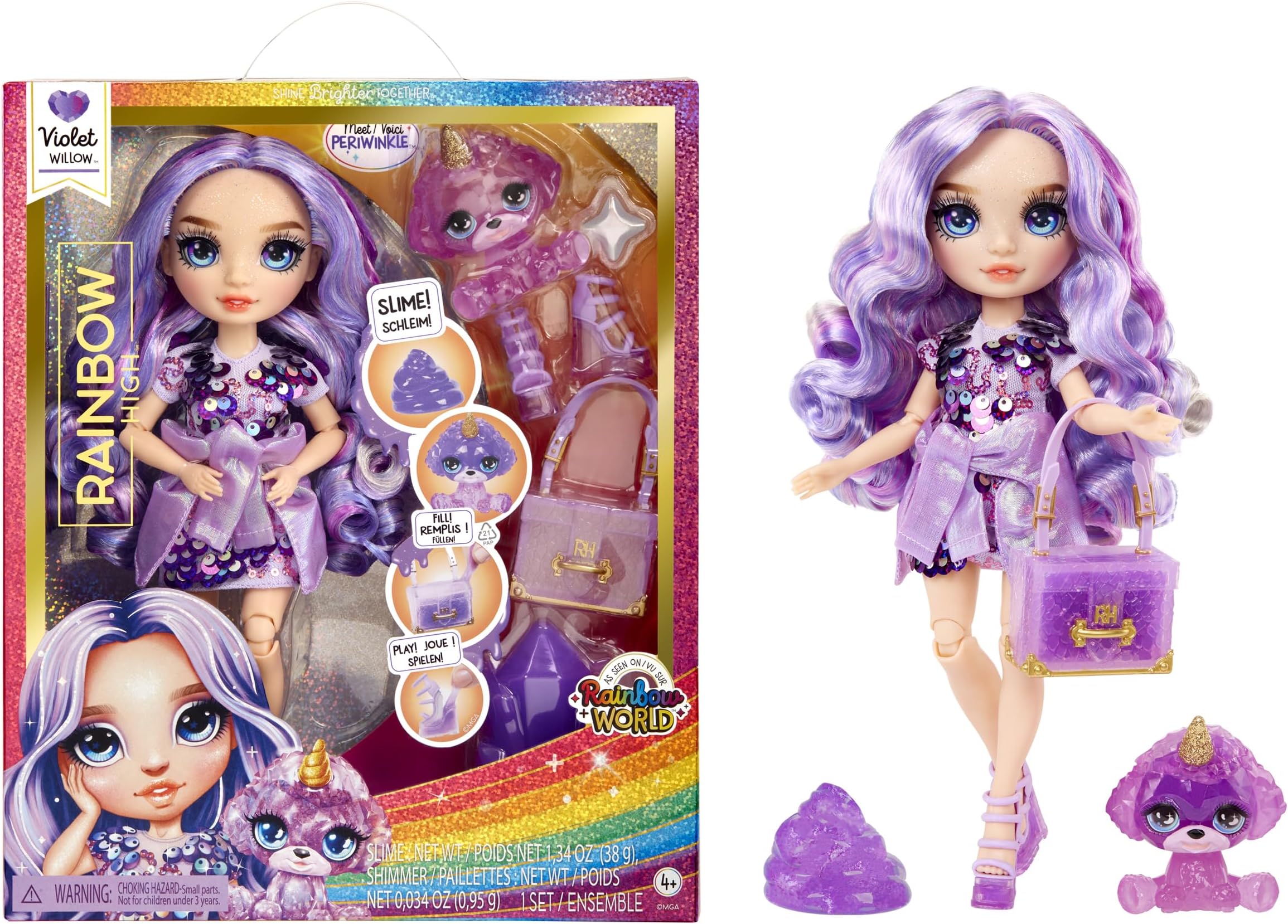 Rainbow High Fashion Doll with Slime & Pet - Violet (Purple) - 28 cm Shimmer Doll with Sparkle Slime, Magical Pet and Fashion Accessories - Kids Toy - Great for Ages 4-12 Years