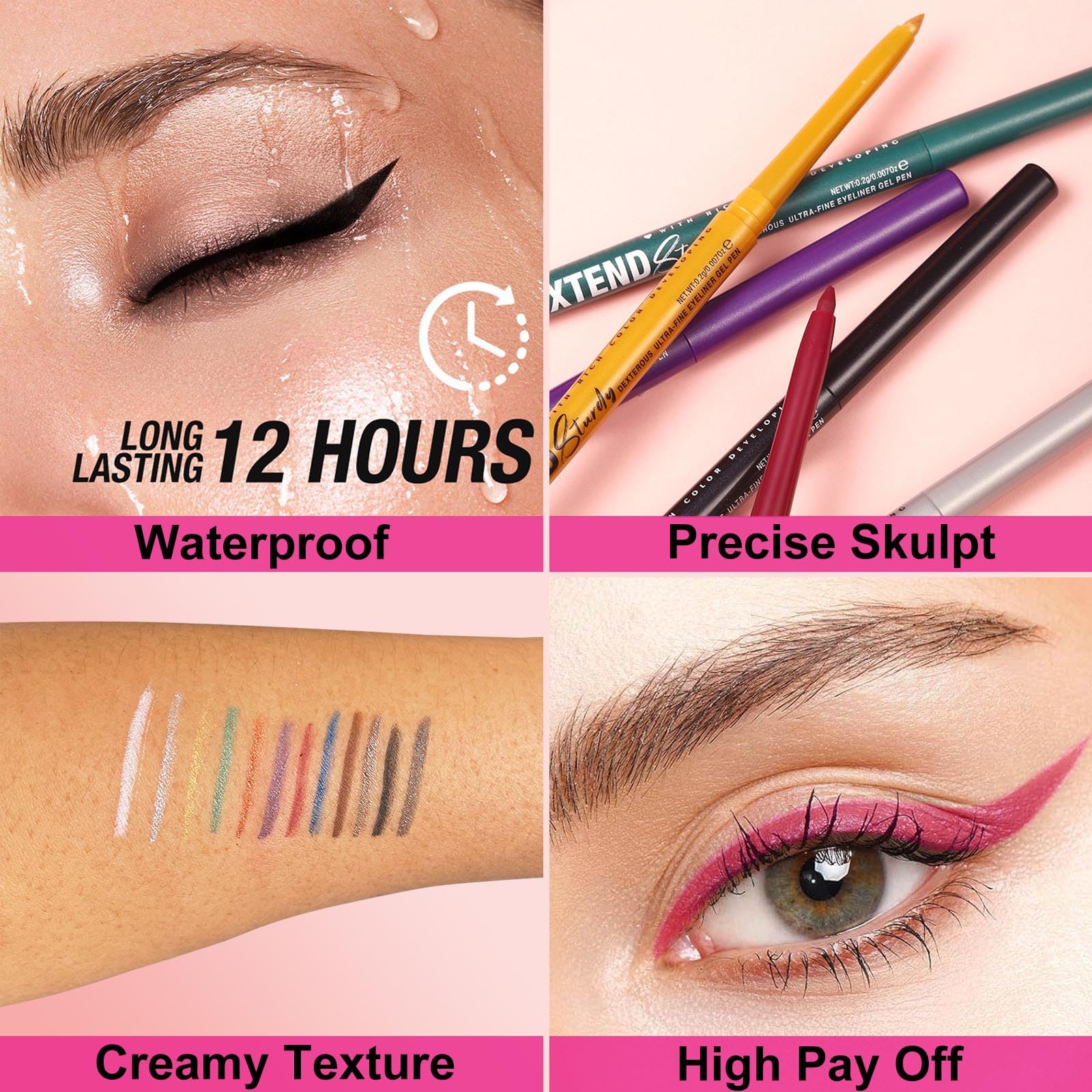 Wasserdichtes, wischfestes Creme-Eyeliner-Set, schnelltrocknend, glatter Gleiter, 12 vielseitige Farbtöne erhältlich, Anfänger-zugelassen, langlebig, sicher für empfindliche Augen und alle