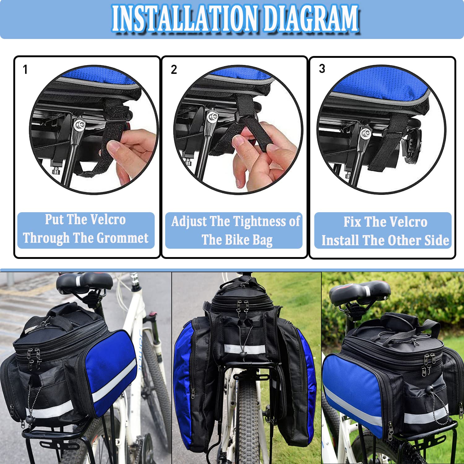 Taeku Borsa Posteriore Bici, Multifunzionale 27L Pacchetto Zaino Borsa da Bicicletta Borsa Posteriore Bicicletta con Striscia Riflettente per Ciclismo Viaggi Pendolari (Blu)