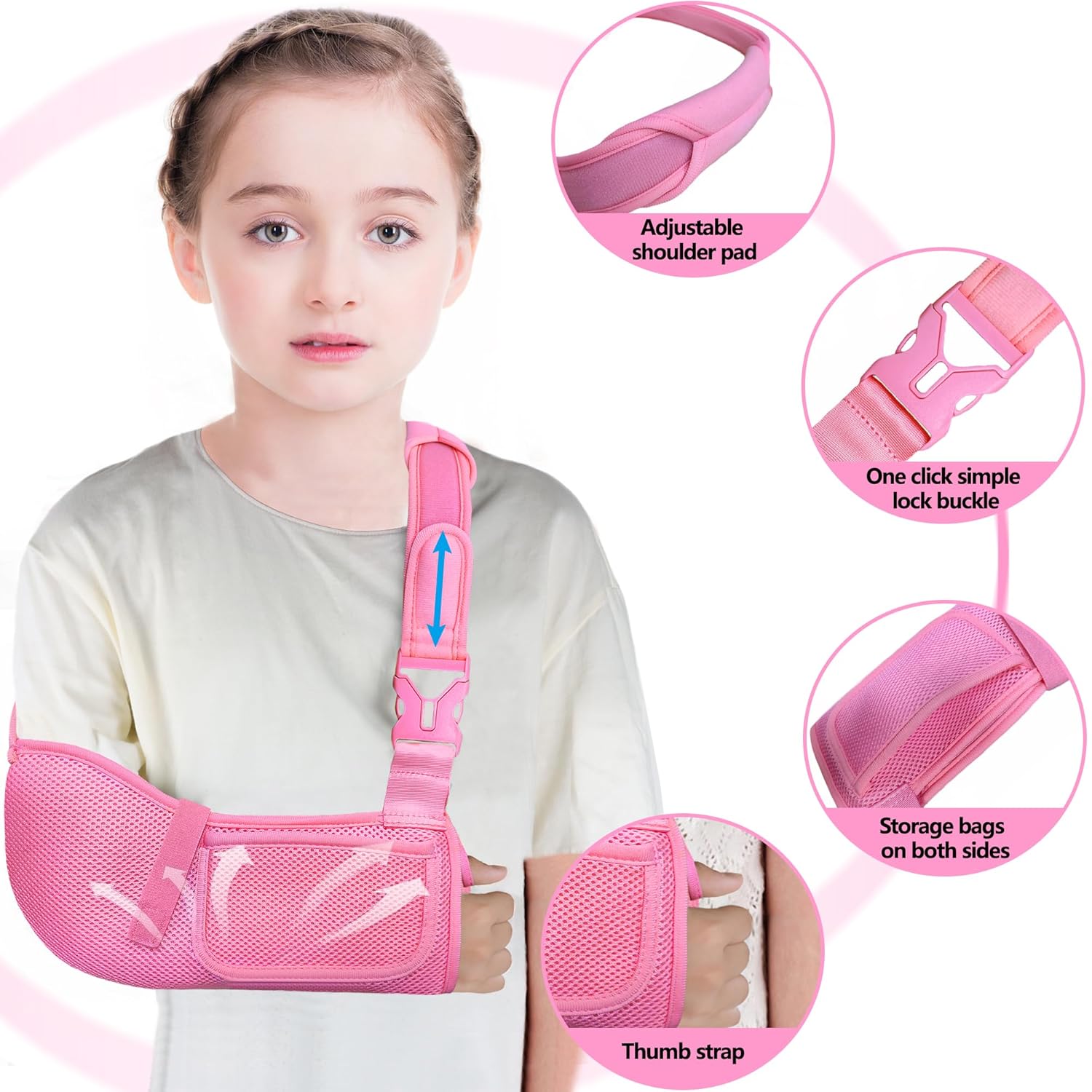 Kids Arm Sling,Mesh Medical Sling with Adjustable Shoulder Pad,Breathable Children Arm Support Shoulder Immobilizer Brace for Elbow,Wrist Injury,Torn Rotator Cuff,Post-Surgery(Pink,Small) - Image 2
