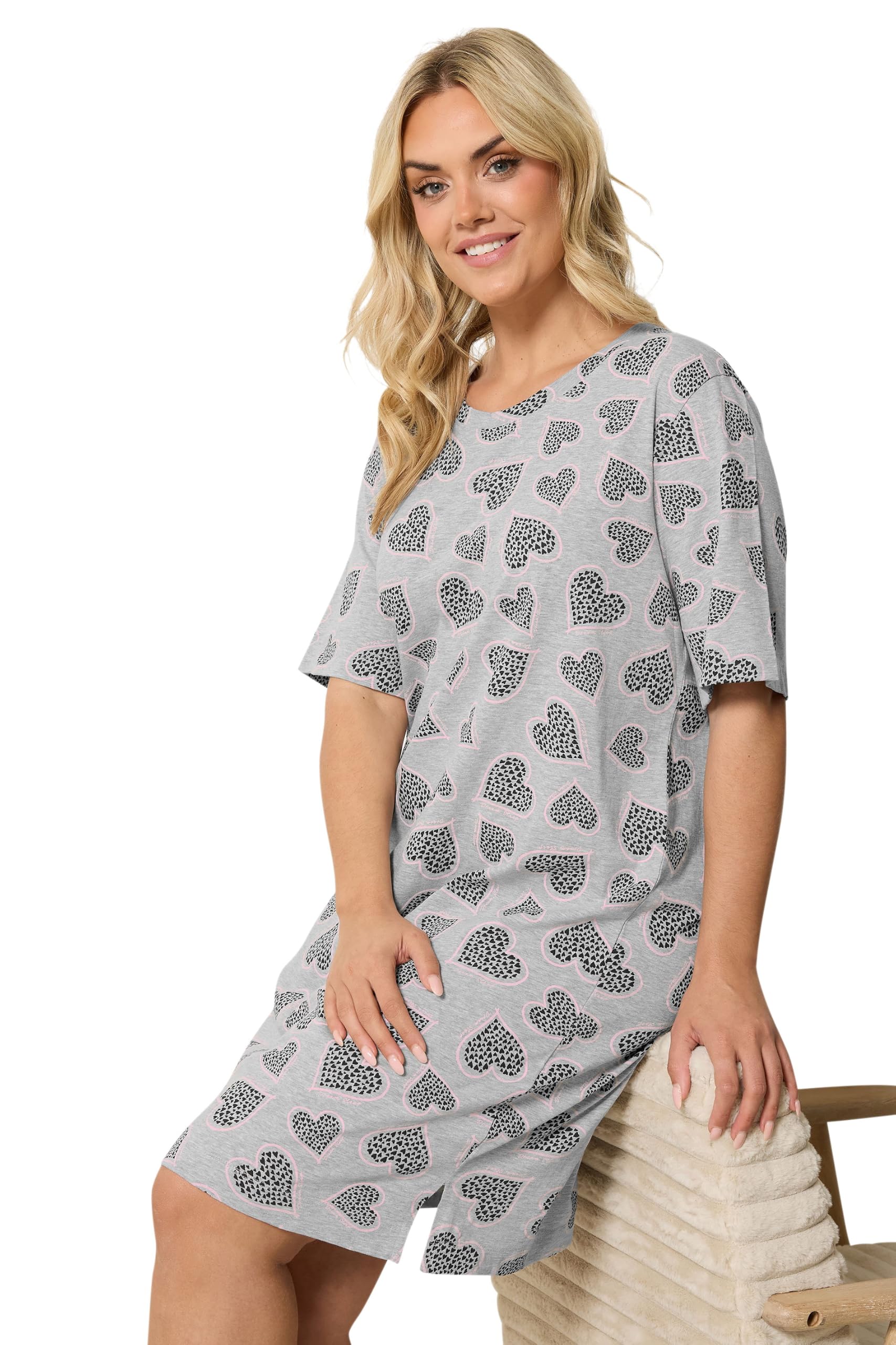 Yours Women's Cluster Heart Print Nightdress in Grey | Size: 26-28