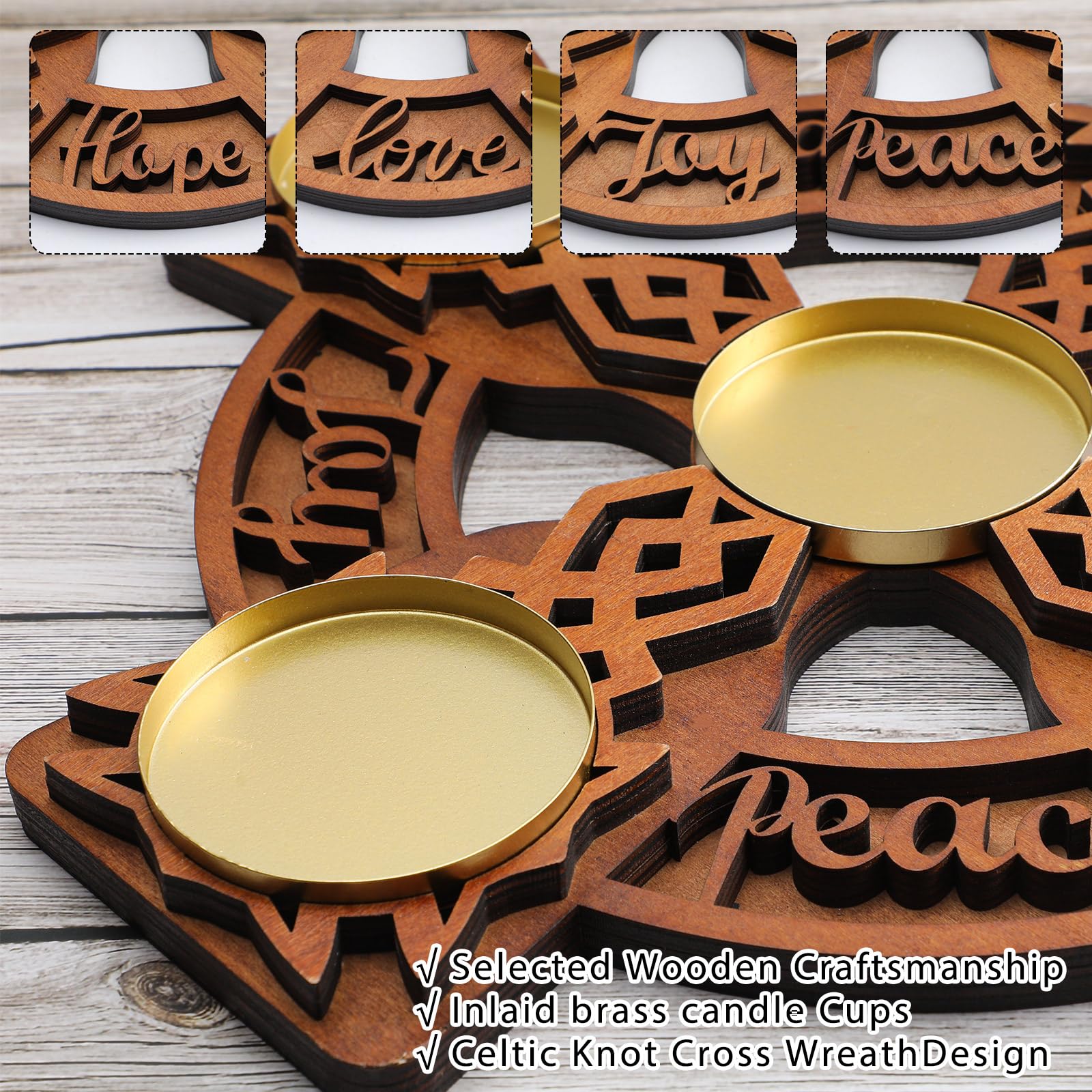 Roowest Portacandele in legno con nodo celtico per la tavola di Natale, centrotavola, decorazione religiosa (candele non incluse)