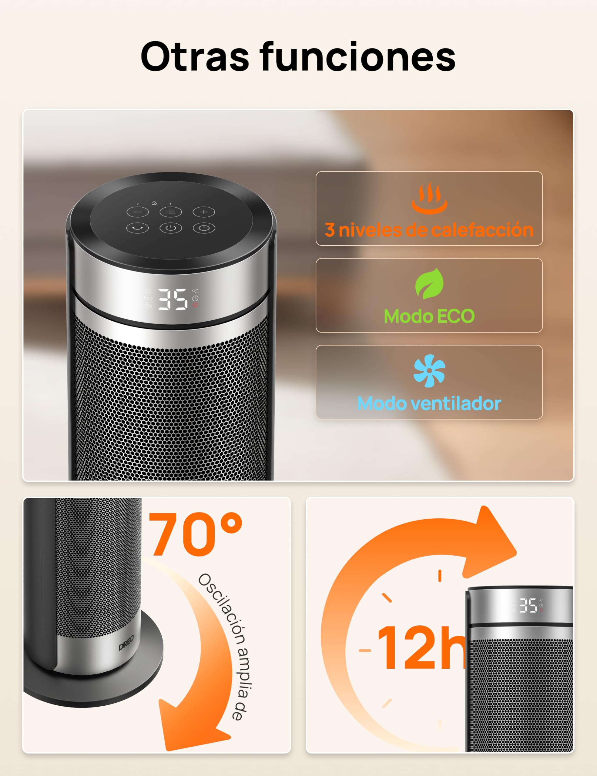 DREO Calefactor Torre 23 Pulgadas 2000W Silencioso, Estufa Portátil con Mando a Distancia, Oscilación 70°, Temporizador 12H, 5 Modos, Calefactor Cerámico PTC con Termostato para Oficina y Habitación