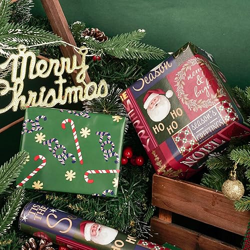 Miniatura 4 de RUSPEPA Rollo de papel de regalo reversible, mini rollo, diseño de Papá Noel, muñeco de nieve y bastón de caramelo, ideal para Navidad, fiestas,