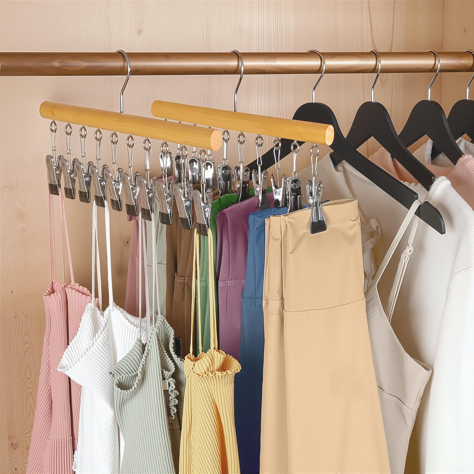 Zylkorb Legging Organizer for Closet 2 Pack, Wood Yoga Pants Hangers 10 Clips Holds 20 Leggings Pants Hangers, Space Saving Hanging Closet Organizers and Storage Organization and Storage
