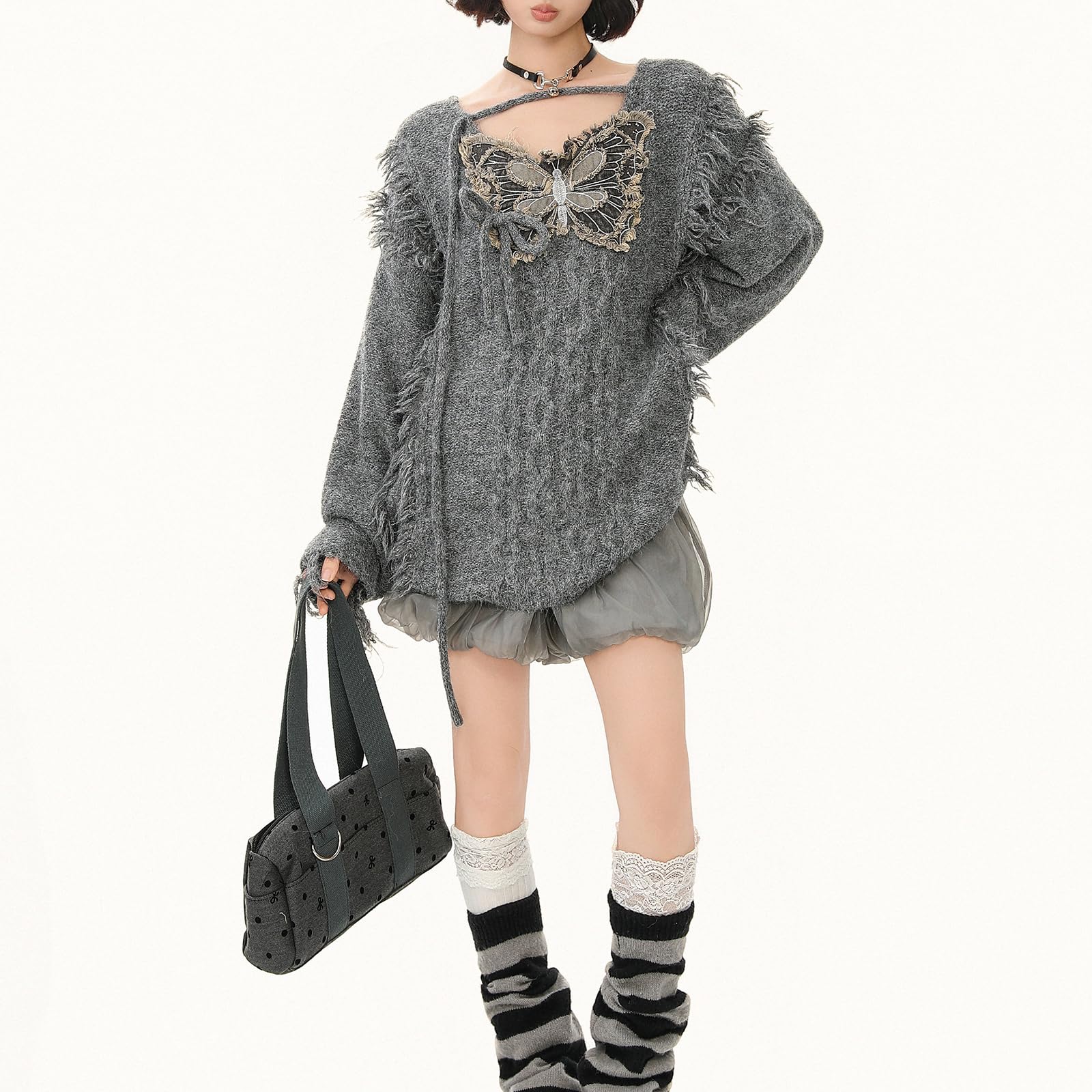 Damski sweter oversize z dzianiny z motywem motyla, postrzępione brzegi, frędzle, top Y2K w stylu punk
