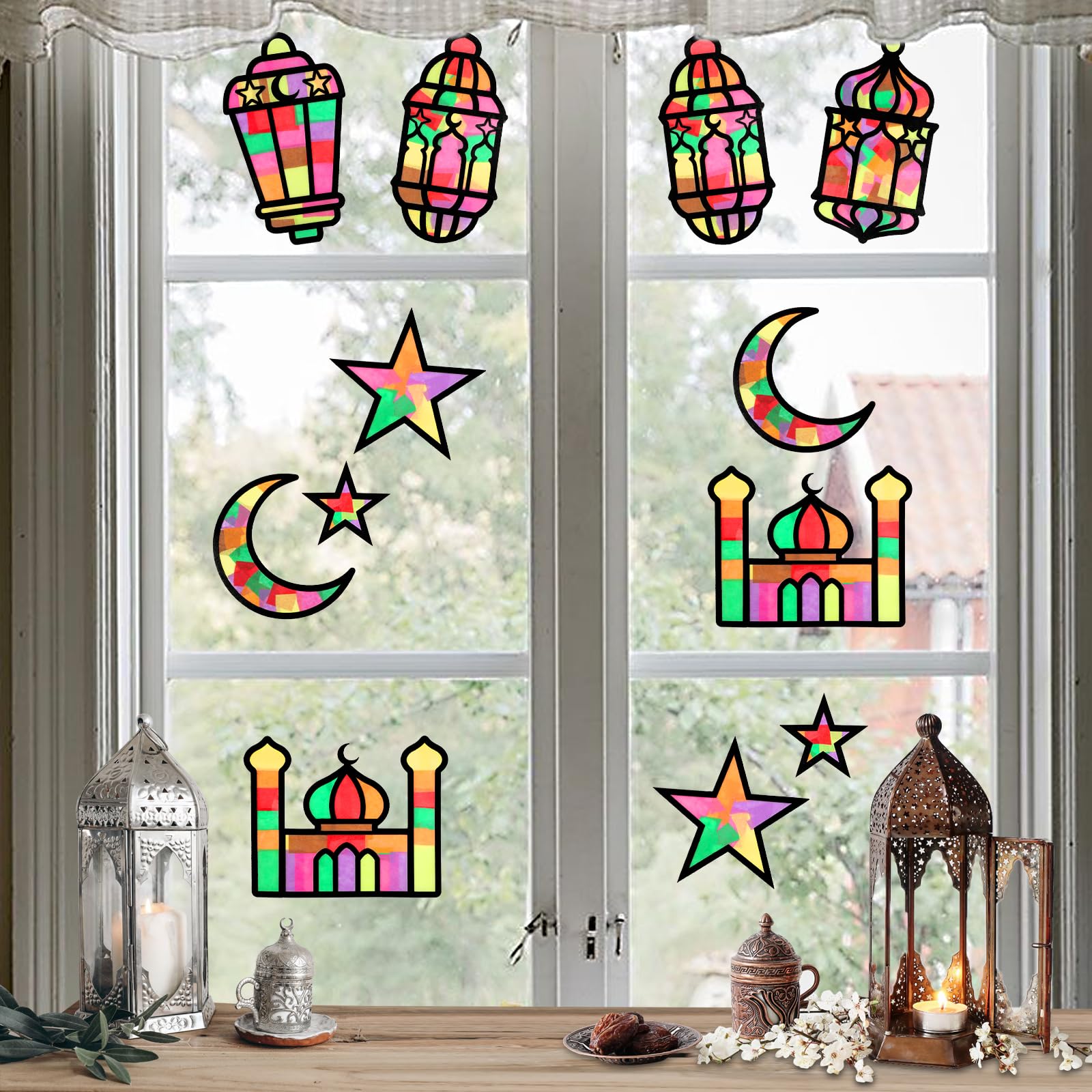 Kit Bricolage Eid Mubarak – 12 Pochoirs, 12 Feuilles D’autocollants, 12 Rubans Colorés – Déco Maison, Fenêtre, Verre – Pour Aïd Et Ramadan