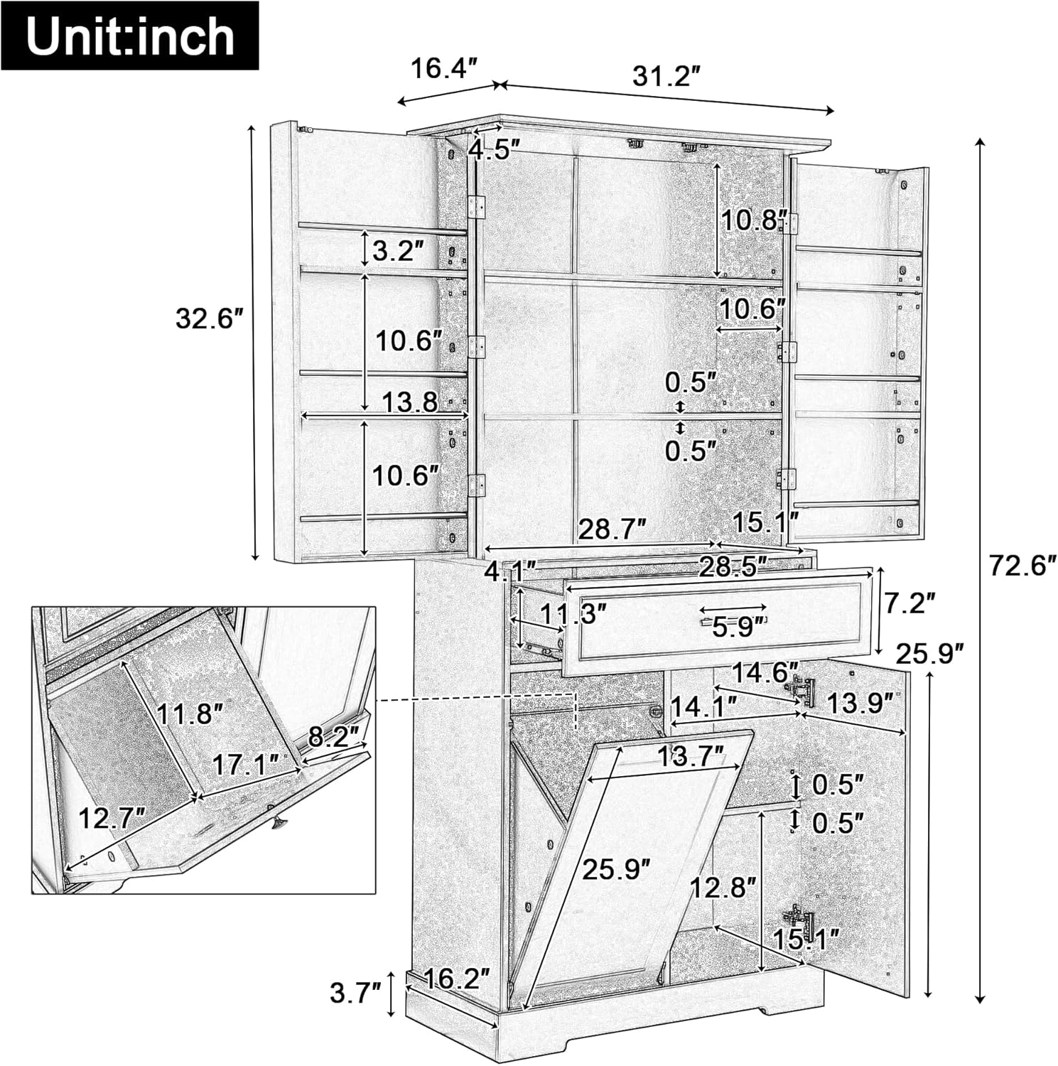 ഇൻ്റീരിയർ view of the Polibi storage cabinet with doors open, showing adjustable shelves, drawer, and tilt-out hamper filled with items.