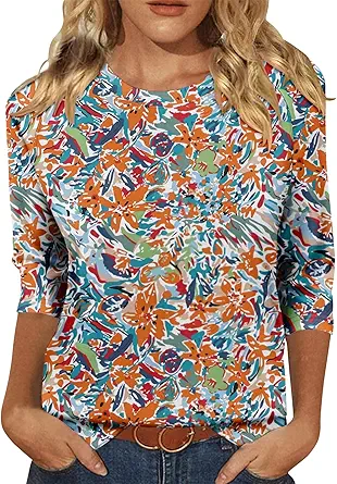 KISSMODA Tunic Tops for Women Loose Fit Dressy Round Neck Pleated 3/4 Length Sleeve Spring Tops