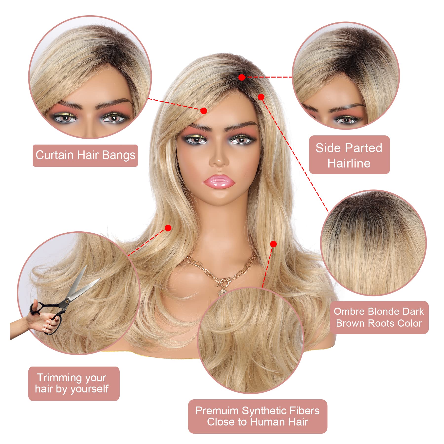 Amazon.com : Kalyss Ladies Ombre Blonde Dark Brown Roots Long Curly Wavy  Heat Resistant Synthetic Hair Wig for Women Blonde Wig with Bangs : Beauty  & Personal Care