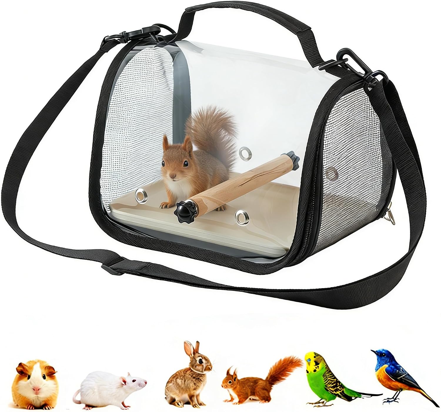 Clear Small Pet Travel Carrier, Yellow | Perch & Tray, Breathable Mesh, Bird Parrot Hamster Rabbit Squirrel, Portable Bag