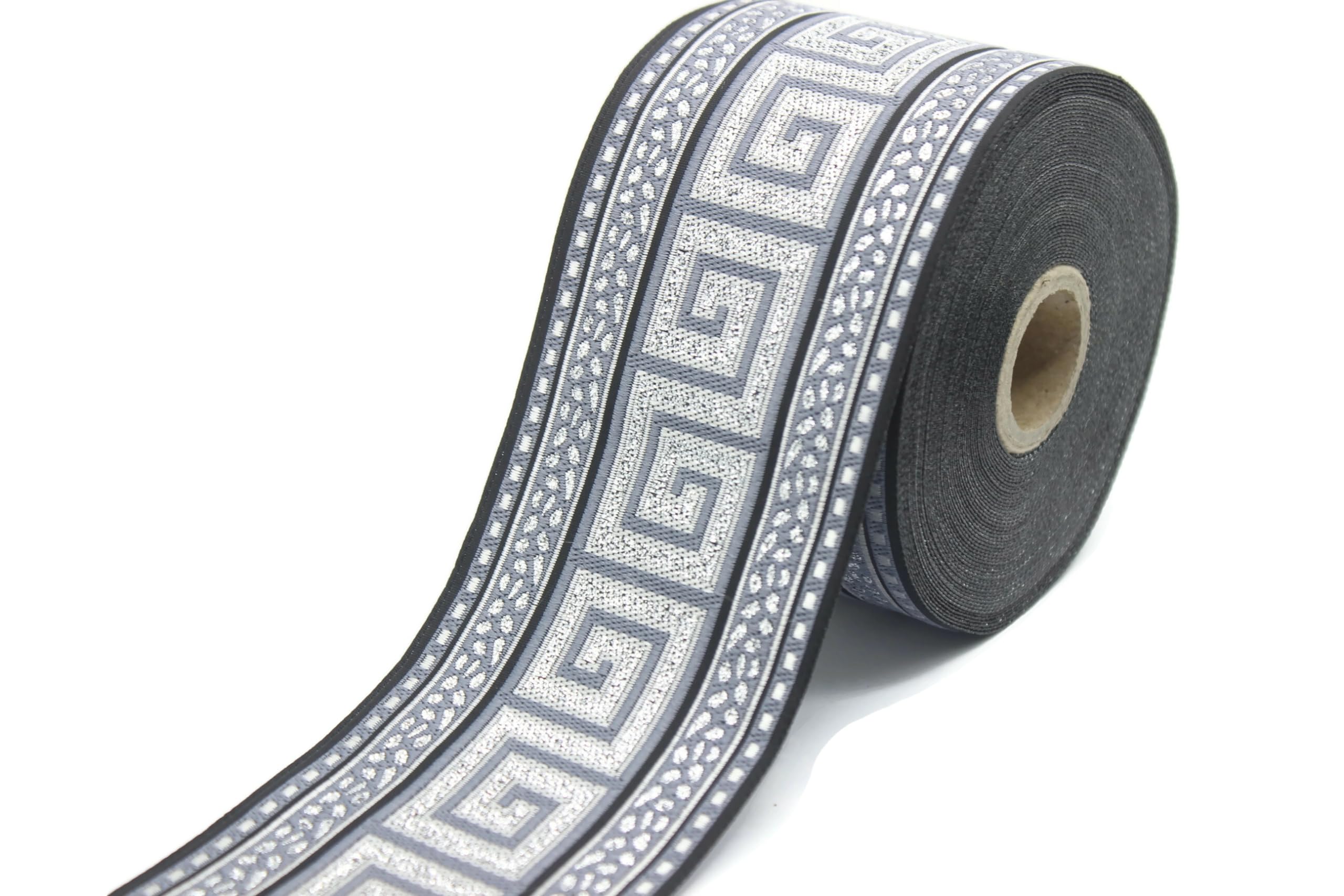 Ruban jacquard 10 mètres de tissu gris labyrinthe 70mm pour mercerie couture et loisirs créatifs