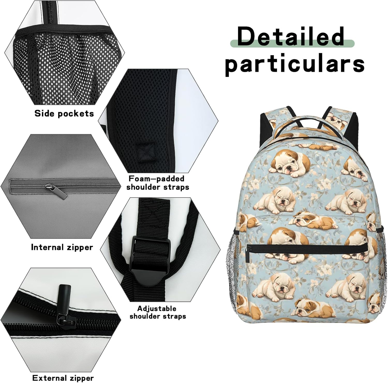 English Bulldog Casual Backpack, Lightweight Laptop Bag Daypack, Cute Dog and Blue Floral Backpacks for Women Men Teens Students, Pet Polyester Bookbag Gifts for School Work Travel Hiking - Image 5