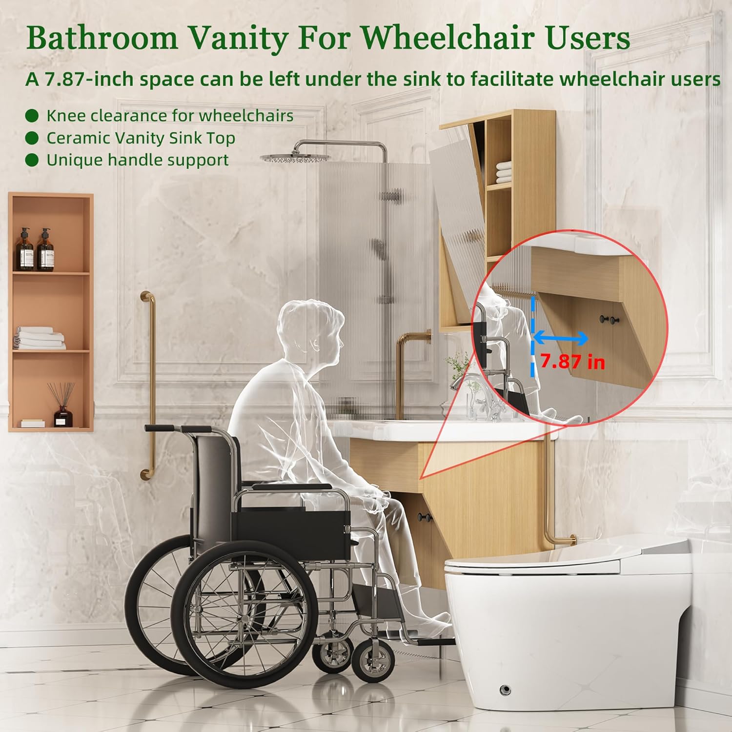 Findepot 24" Floating Vanity ADA Compliant Modern Wall-Mount Small Bathroom Vanity with Ceramics Sink Modern Hand & Mirror Cabinet Combo with Two Doors for Elderly, Seniors, Handicap & Disabled