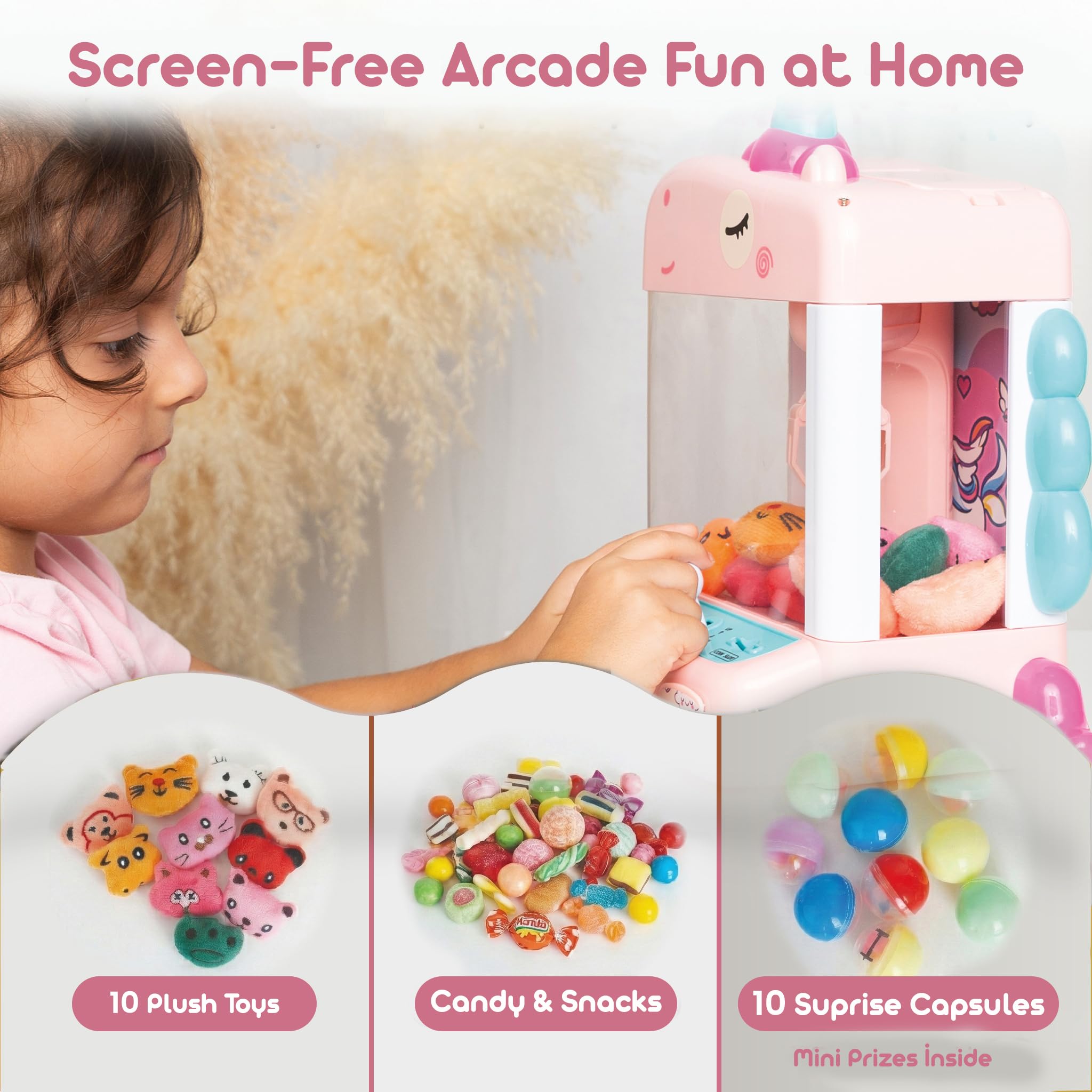 Krallenmaschine für Kinder mit 10 Plüschtieren, 10 Überraschungseiern & 50 Aufklebern – Mini-Arcade-Klauenspiel mit lautlosem Modus, LED-Lichtern, USB- oder batteriebetrieben – Geschenk für Mädchen