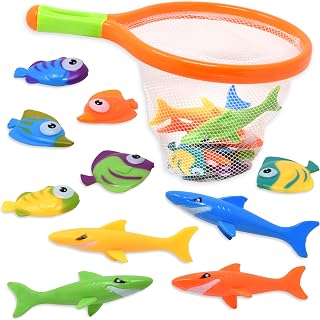 Toy Fishing Net for Bath | Bath Toys for Kids – Dive Game Small Sinking Fish, 4 Sharks & 6 Fish Multicolored