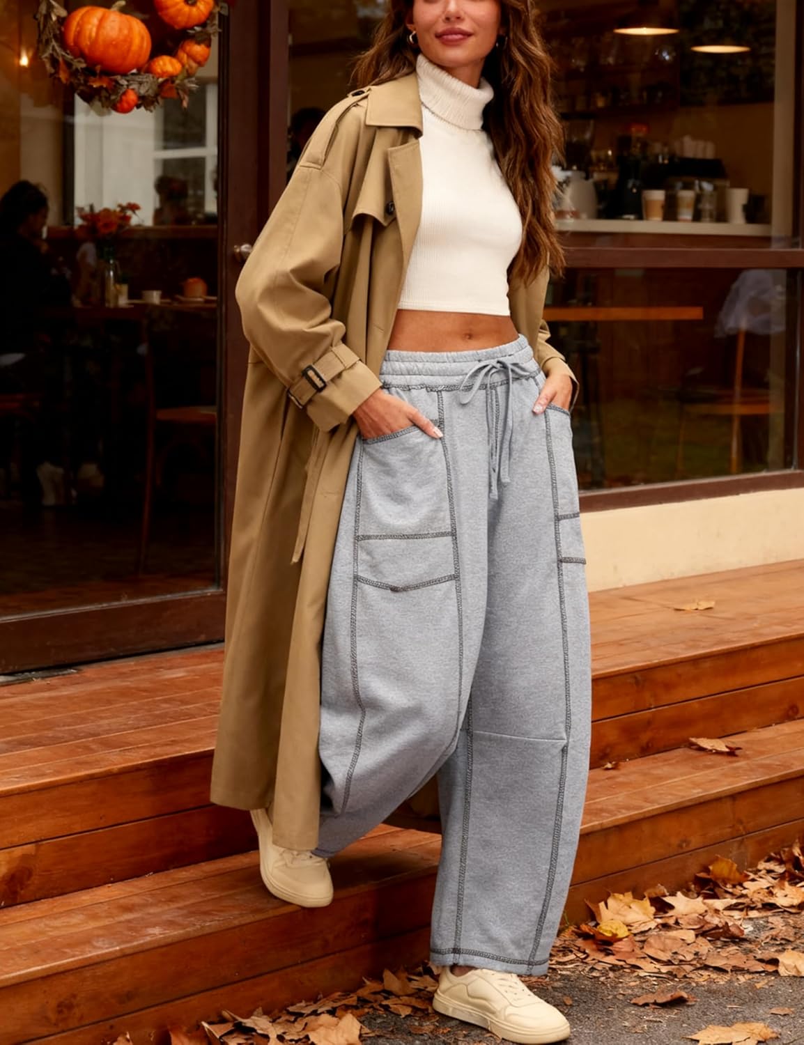 Athlisan Womens Baggy Barrel Pants Wide Leg Lounge Drawstring Sweatpants with Pockets - Image 2