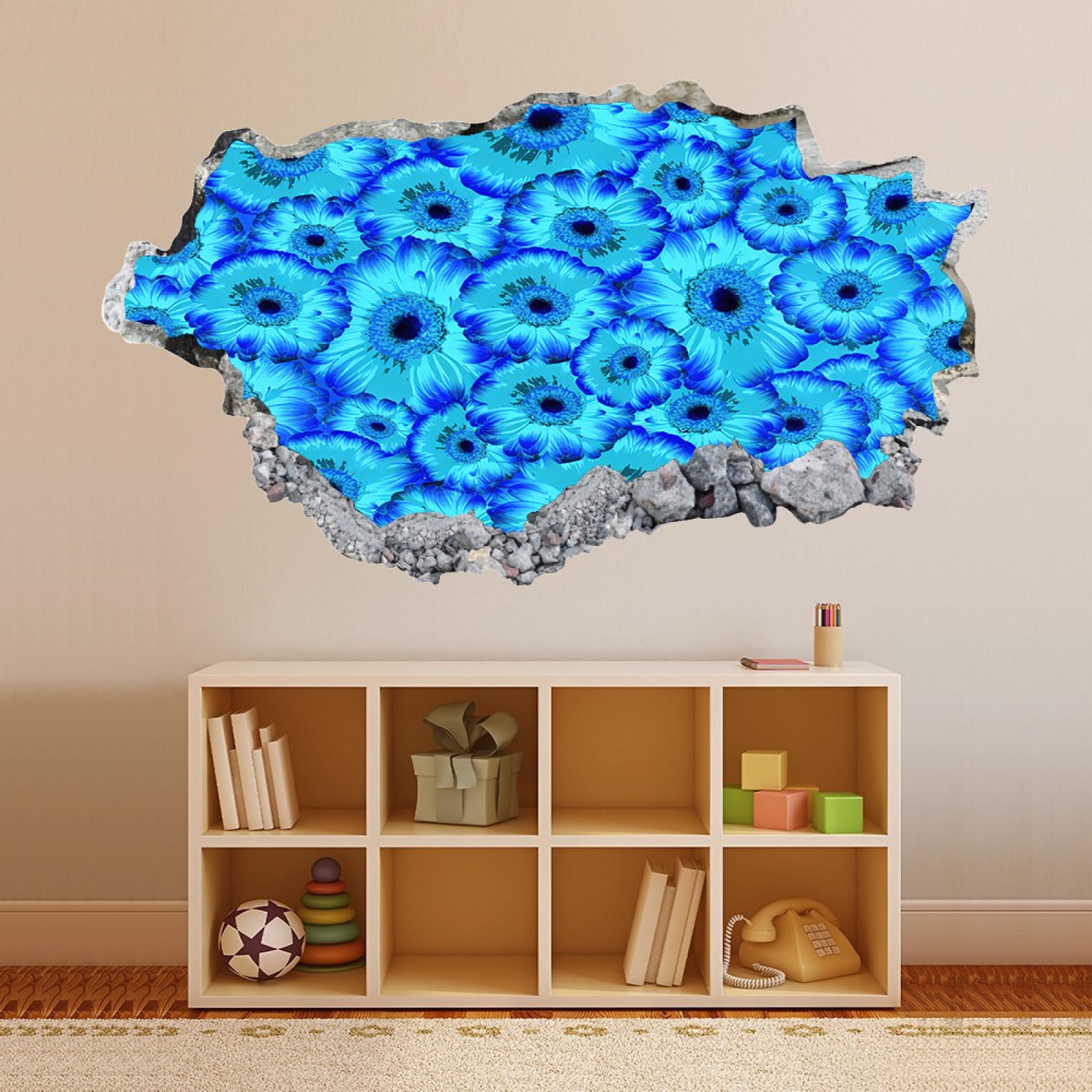 Autocollants de décoration murale Fleur Bleue Stickers Muraux Stickers Muraux 3D Famille mural pour chambre d'enfant, salon, pépinière, décoration murale 70x122cm