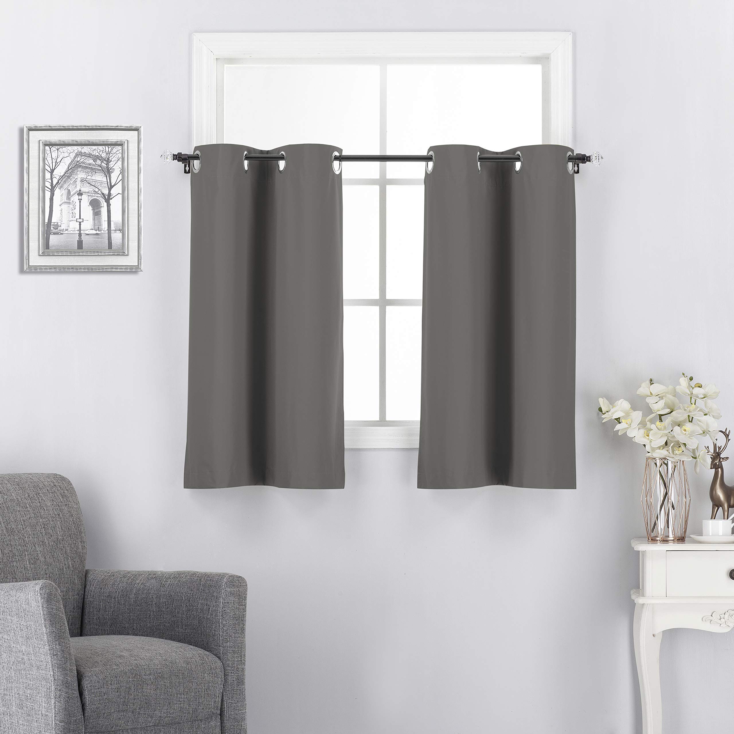 Rooney Short Blackout Curtains for Kitchen Window - Grommet Thermal Insulated Cafe Curtains Tiers (2 Panels, 30 Width x 36 inches Length, Charcoal)