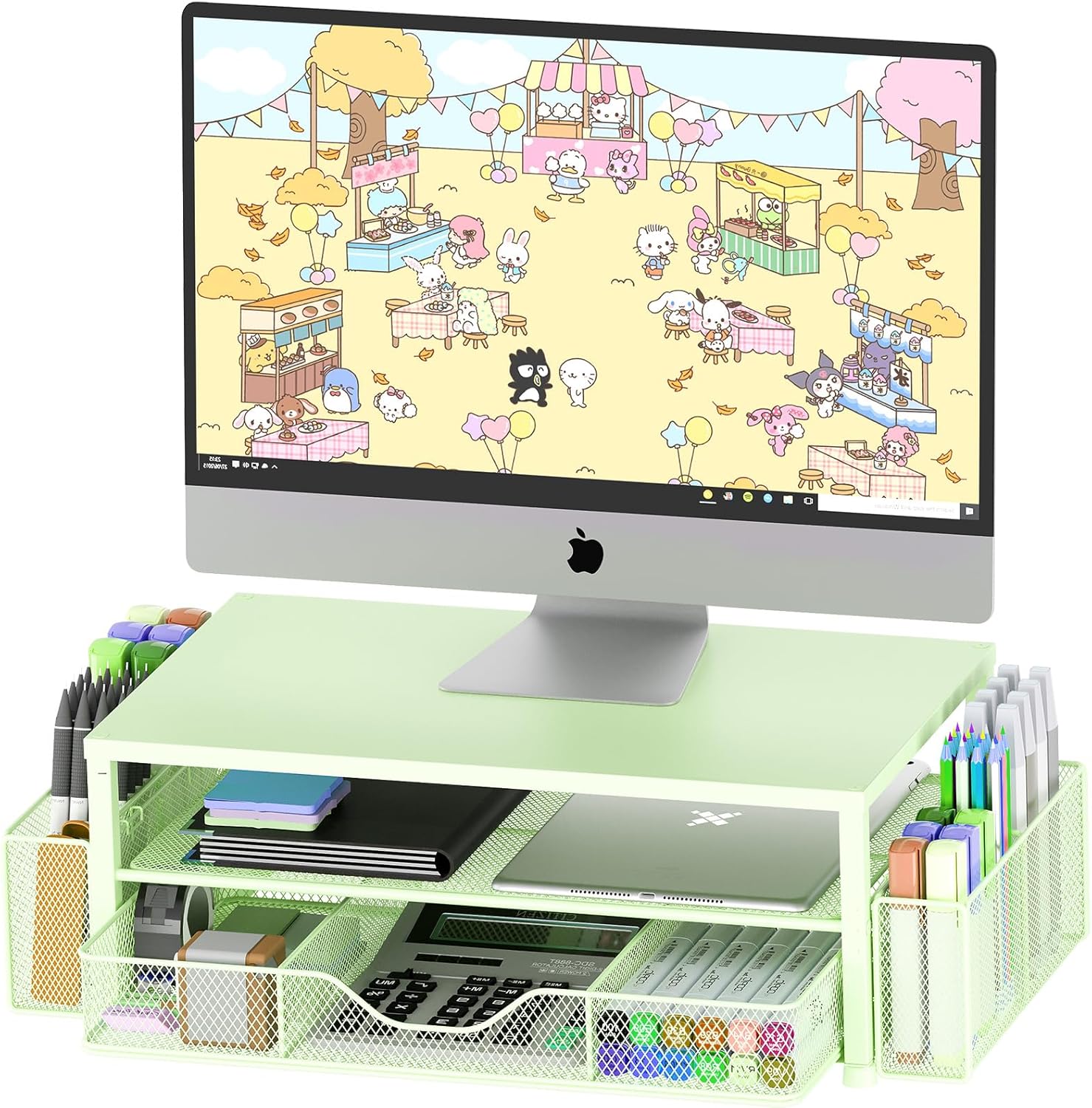 desk organizers and accessories, 2-tier computer monitor stand for desk organizer with drawer and 2 pen holders, office desk accessories workspace desktop organizers for office supplies, green