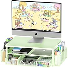 OPNICE Desk Organizer and Accessories, 2 Tier Computer Monitor Stand for Desk Organizer with Drawers and 2 Pen Holders, Office Desk Accessories, Workspace, Desktop Organizer, Office Supplies, Green