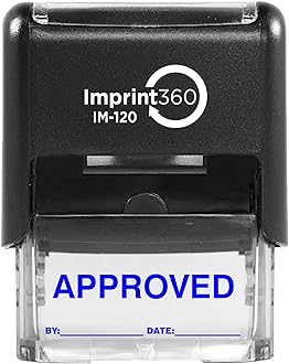 AS-IMP1102B - Approved Stamp with by: & Date:, Blue Ink, Heavy Duty Commerical Self-Inking Rubber Stamp, 9/16" x 1-1/2" Impression
