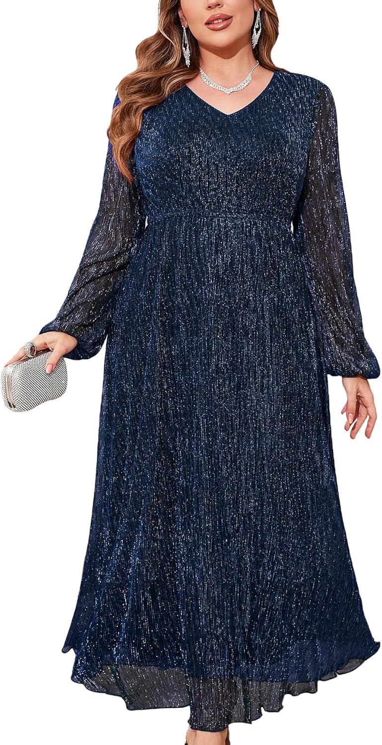 ZOMVA Plus Size 0X-4X Sparkly Mesh Maxi Formal Dress Long Sleeves V Neck A-line Flowy Dress Evening Gown Cocktail Formal