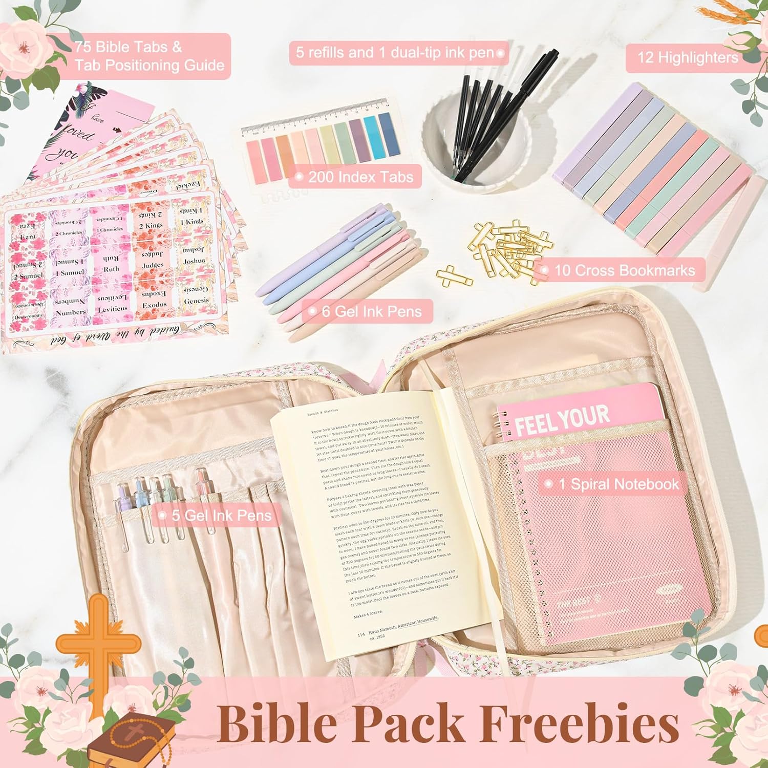 Bible Cover for Women Bible Case Large Bag Study Supplies Journaling Kit Book Carrying Case with Highlighters Christian Gifts for Women