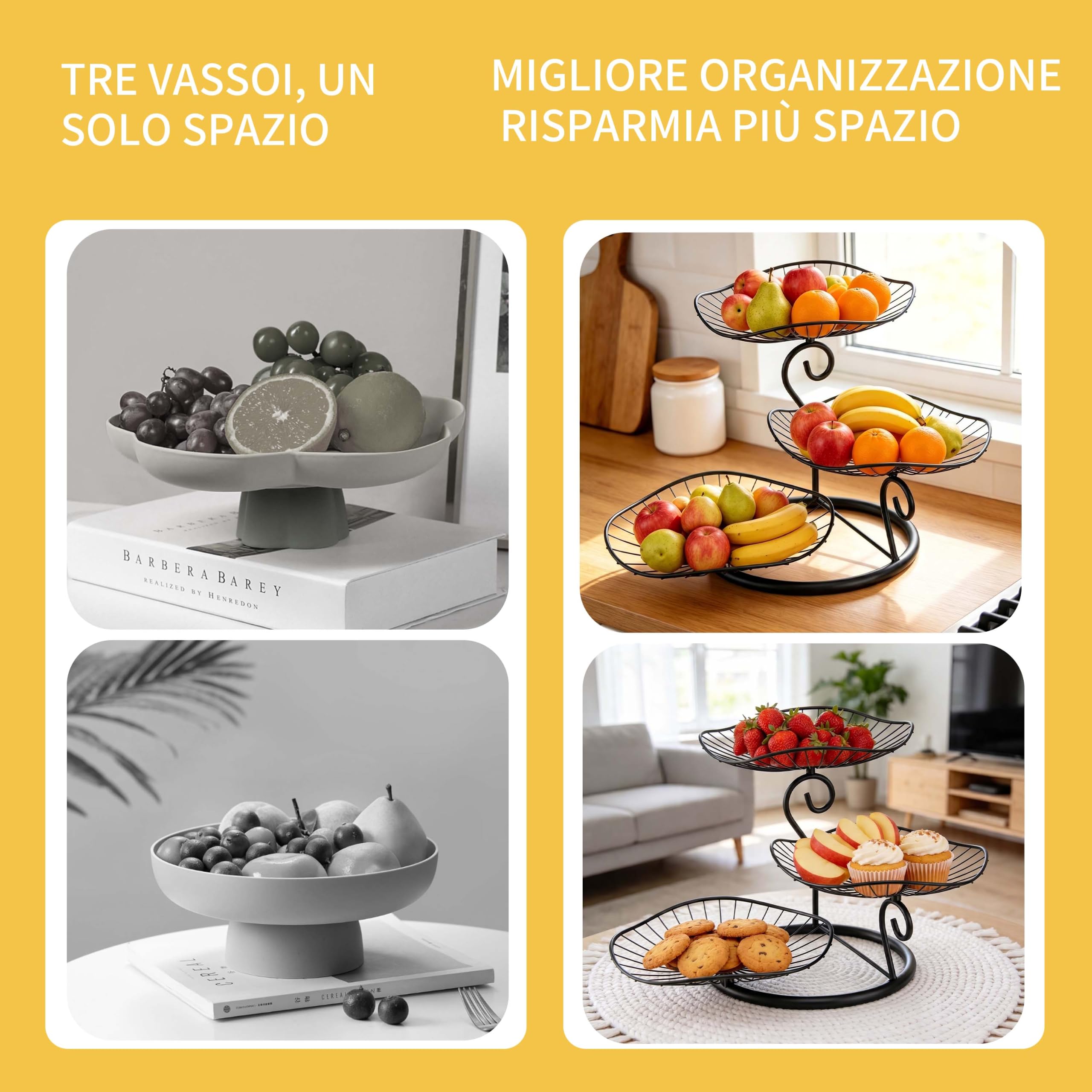 Mihoho Portafrutta con 3 Ripiani，Porta Frutta da Tavolo a Piani, Cesto Portafrutta a Ripiani per Verdura,per Risparmiare Spazio, per Dolci e Verdure (Nero Q)
