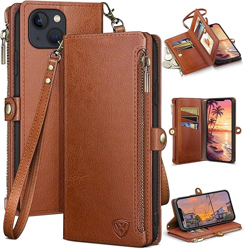XcaseBar Funda tipo cartera para iPhone 13 de 6.1 pulgadas con cremallera y tarjetero de crédito con bloqueo RFID, funda de piel sintética con tapa