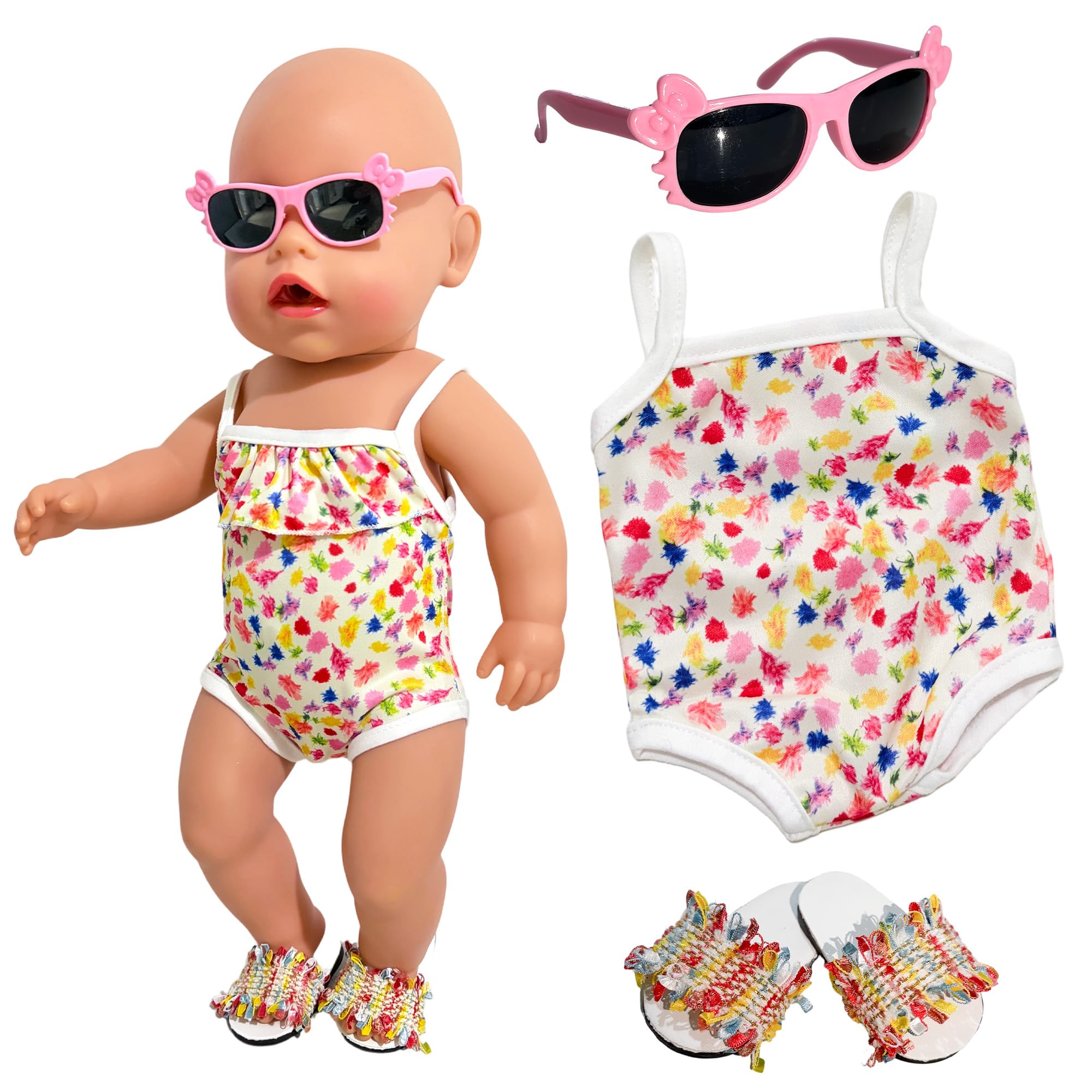 3-piece Swimming Dolls Clothes Compatible with New Born Baby 35-45 cm Doll, 14-18inch Baby Doll Clothes with Swimming Outfit Sunglasses Shoes, Summer Beach Sweet Swimsuit Set Gifts for Kids