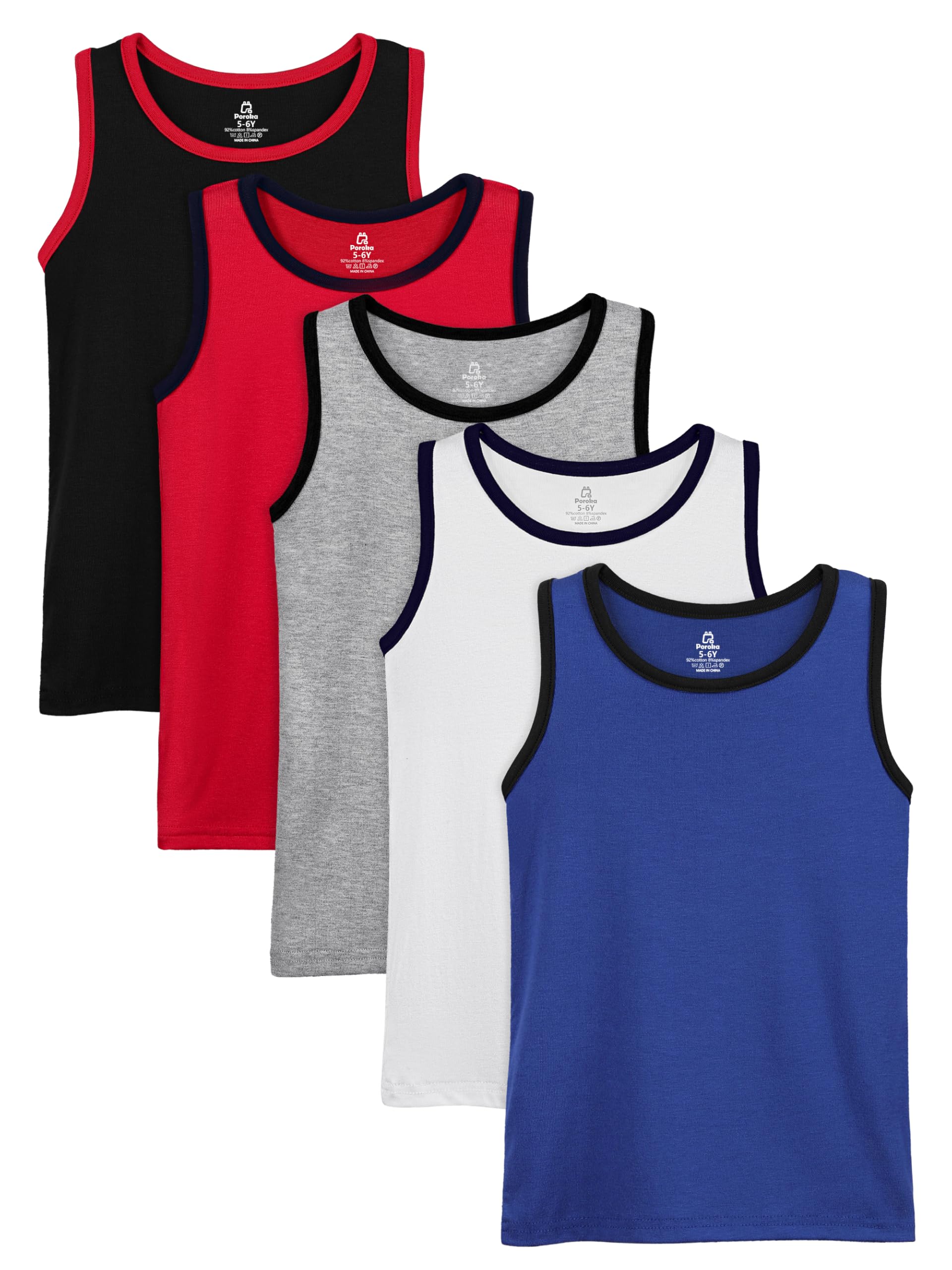 Poroka 5 Pack Boys' Tank Undershirt Sleeveless Tank Tops Assorted Colors Round Neck Cotton Tank Tops