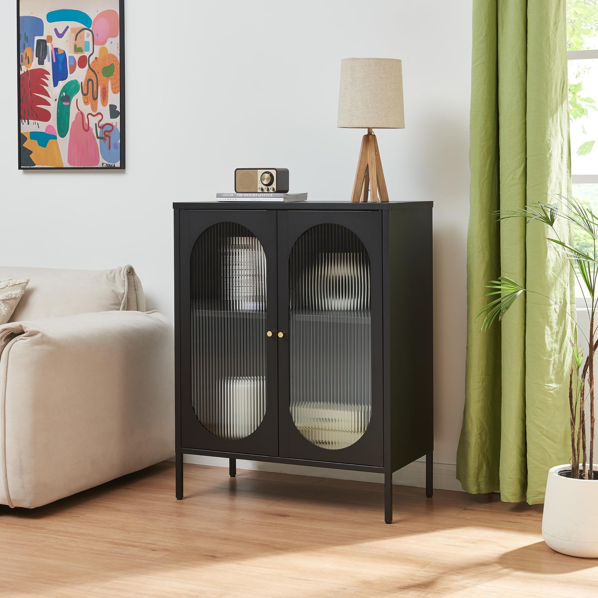 [en.casa] Stylish Sideboard Chest of Drawers Design Elegant Glass Cabinet Storage Unit for Living Room Kitchen Bedroom with Doors and Industrial Shelf Steel Glass 102 x 80 x 40 cm Black