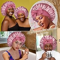 Vista 7 de Gorro de satén para dormir de doble capa con banda elástica para cabello rizado, gorro nocturno (pasta de frijol + rosa)