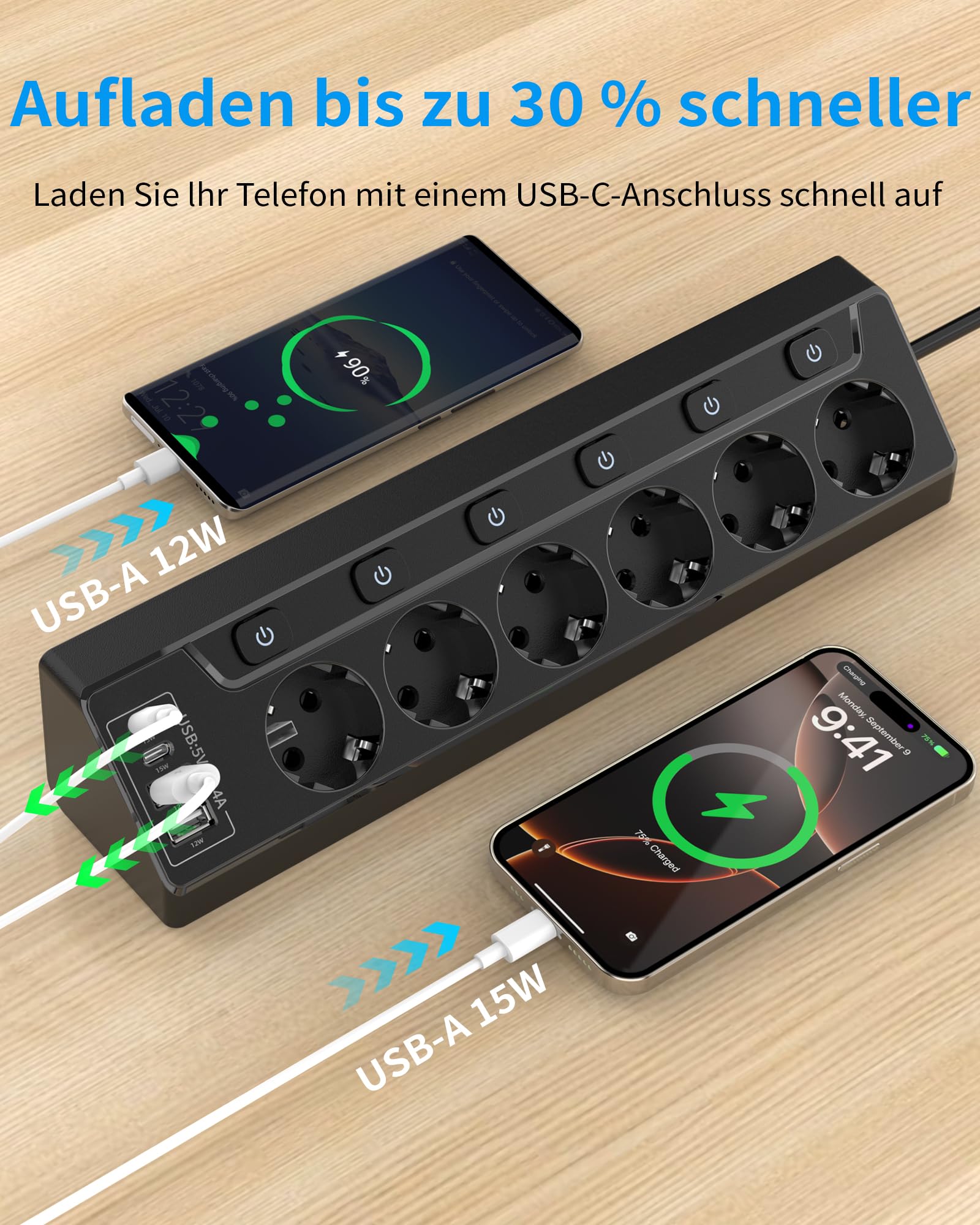 Ciabatta elettrica commutabile singola, presa multipla a 6 prese, con 4 porte USB (3680 W, 16 A), presa da tavolo 10 in 1 con cavo da 2 m, per casa e ufficio (nero)