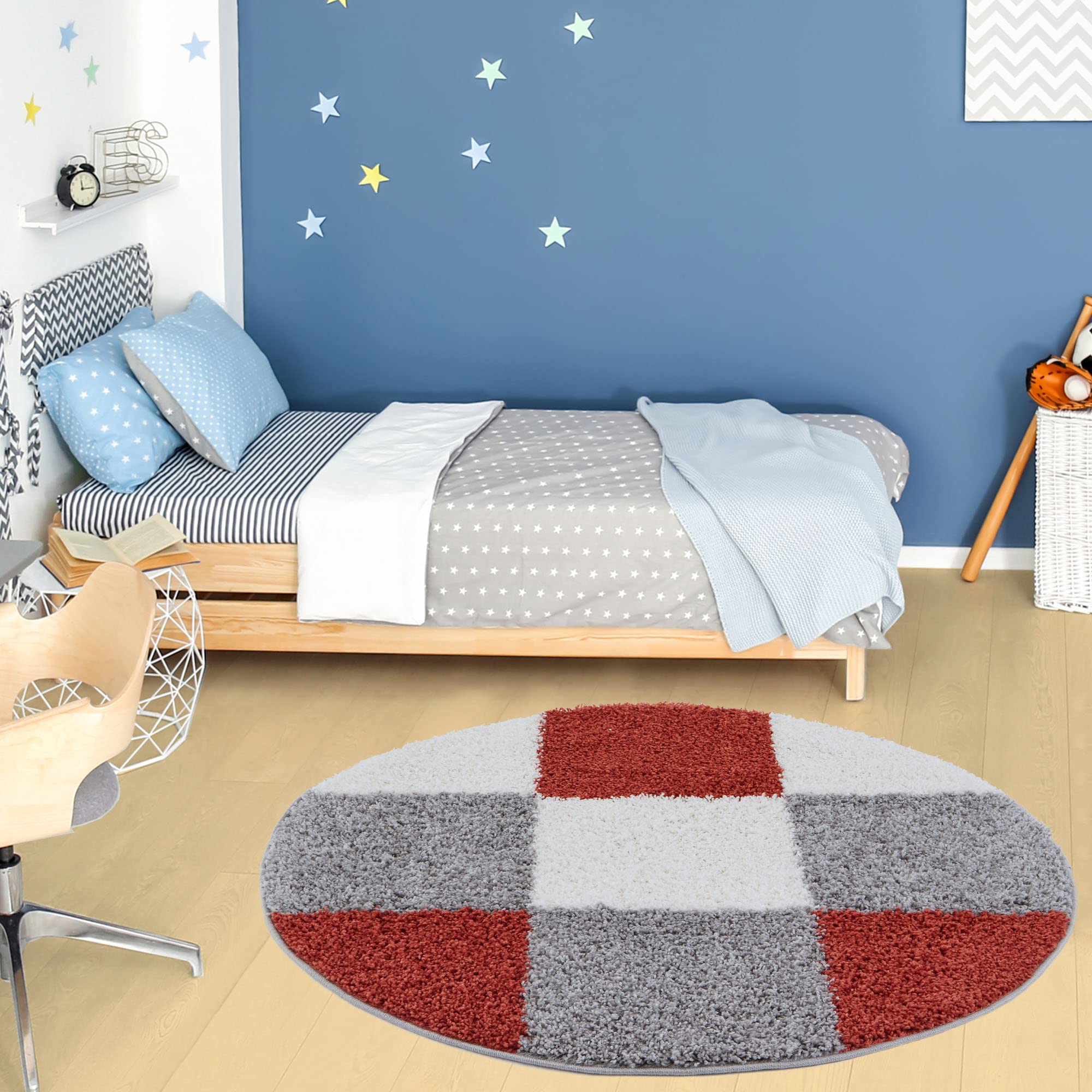 The Rugs Terracotta Soft Terra Ivory Check High Pile Shaggy Rugs & Runners Living Room In | Size: 120Cm Diameter