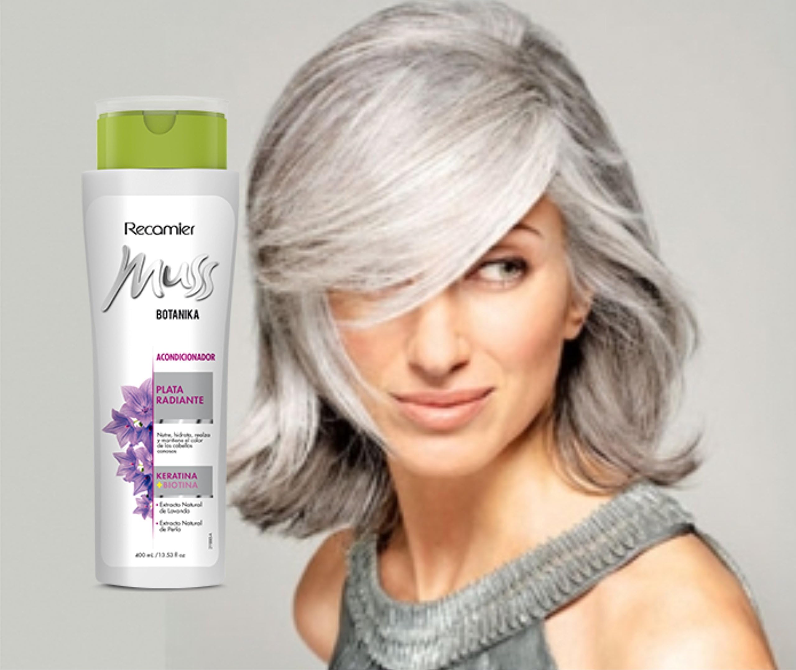 MUSS BOTANIKA PLATA RADIANTE ACONDICIONADOR, Acentua el color gris de las canas / silver color care shampoo unisex daily use. Enhance grey color 400gr/ 13.53oz
