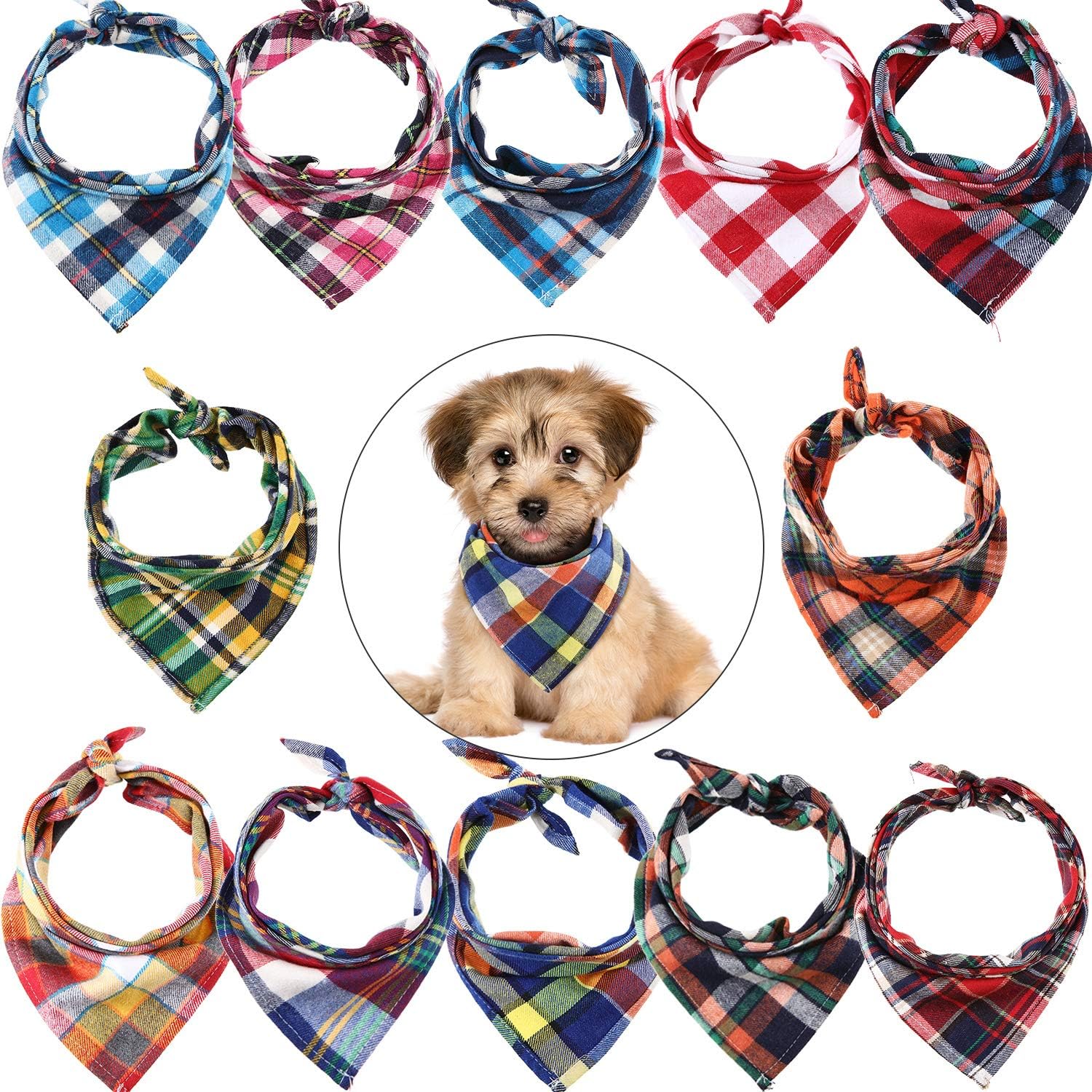 Syhood 12 Piece Dog Bandanas Plaid Dog Scarf Pet Triangle Bibs Adjustable Accessories Bulk Kerchief Buffalo Plaid Bandanas Decor for Small or Medium Cat Dog Pet (Plaid Style)