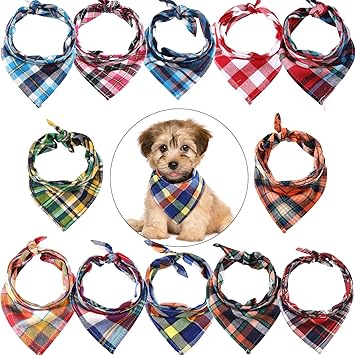 12 Pieces Dog Bandanas - Triangle Dog Scarf, Washable Reversible Printing, Bibs Dog Kerchief Set, Suitable for Small or Medium-Sized Cat and Dog Pets (Plaid Style)