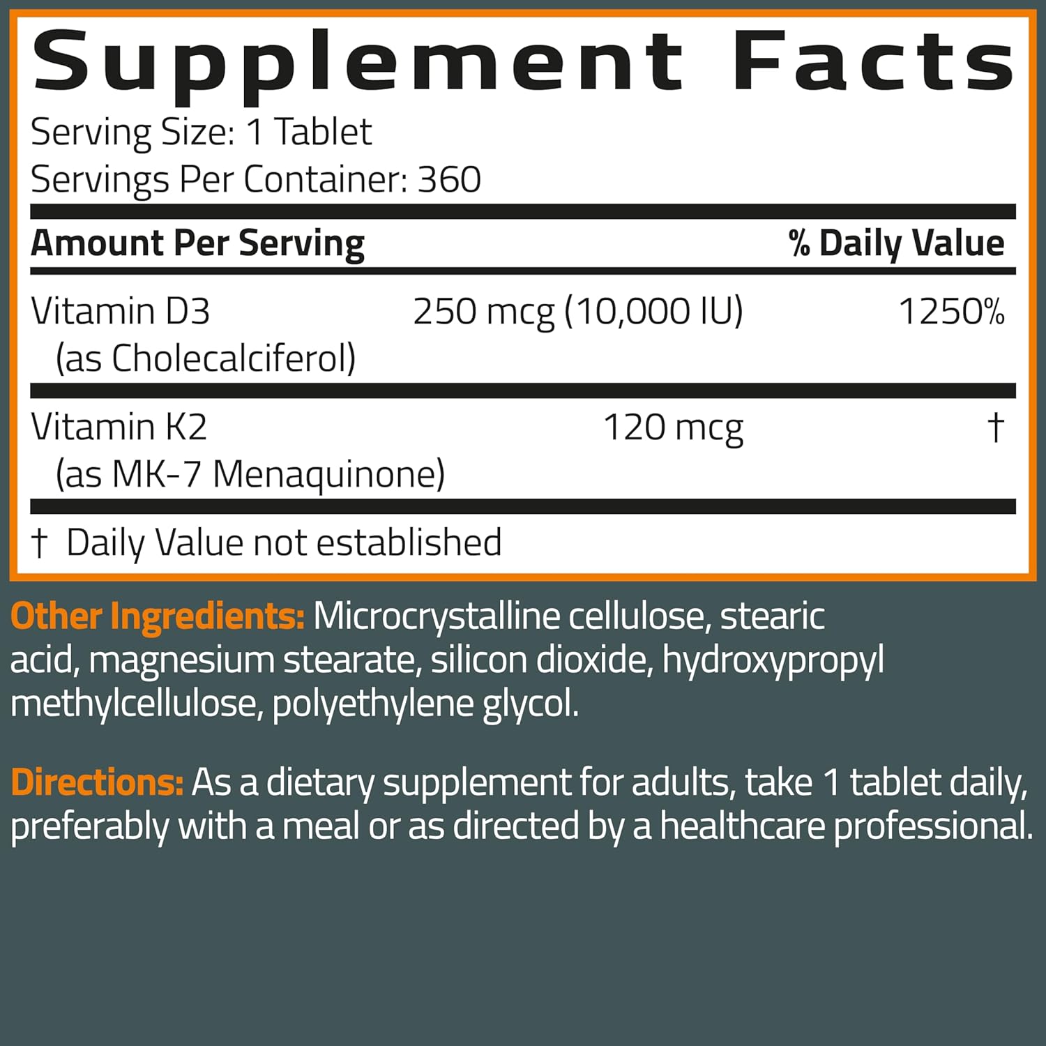 Bronson Vitamin K2 (MK7) with D3 Supplement Extra Strength 2 in 1 Support, 10,000 IU Vitamin D3 & 120 mcg K2 MK-7, 360 Tablets