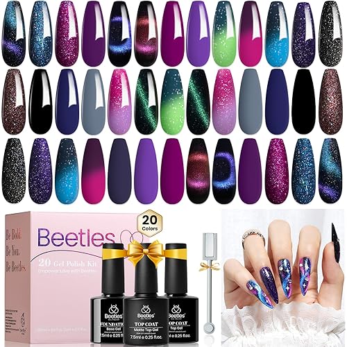 Beetles Cat Eye Gel Polish Set - 24Pcs 20 Colors Glitter Dark Color Changing Gel Nail Polish Kit with Base Gel Glossy Matte Top Coat Soak off UV DIY Nail Art Salon Ombre Black Nails Gift