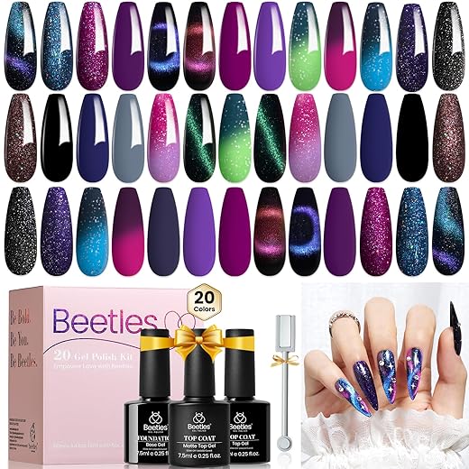 Beetles Conjunto de esmalte de gel olho de gato – 24 peças, 20 cores, kit de esmalte de gel que muda de cor escura com base em gel brilhante fosco para absorver UV DIY Nail Art Salon Ombre Black Nails